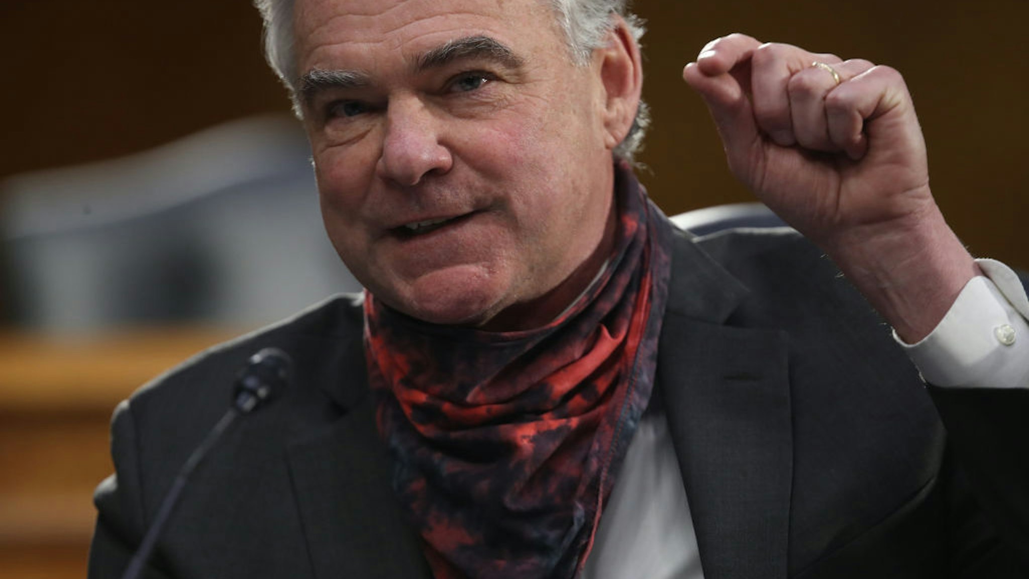 Sen. Tim Kaine (D-VA) asks questions during a Senate Health, Education, Labor and Pensions Committee hearing on Capitol Hill on May 12, 2020 in Washington, DC.