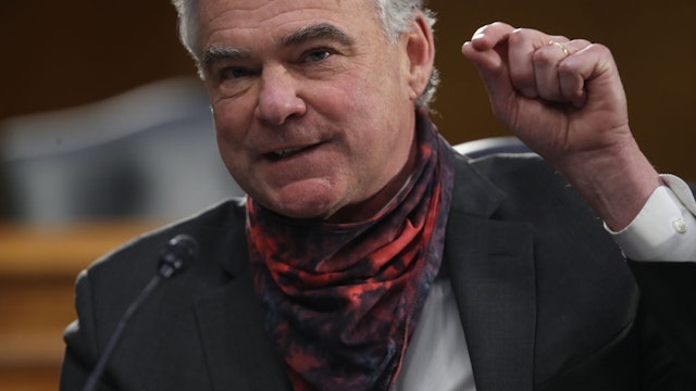 Sen. Tim Kaine (D-VA) asks questions during a Senate Health, Education, Labor and Pensions Committee hearing on Capitol Hill on May 12, 2020 in Washington, DC.
