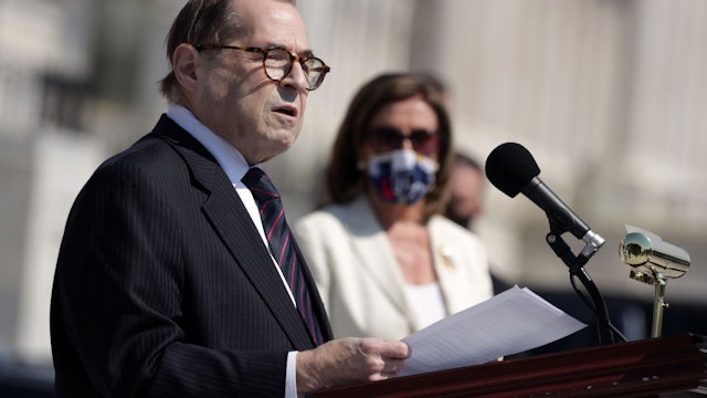 U.S. Rep. Jerry Nadler (D-NY) speaks as Speaker of the House Rep. Nancy Pelosi (D-CA) listens during an event on police reform June 25, 2020 at the east front of the U.S. Capitol in Washington, DC.