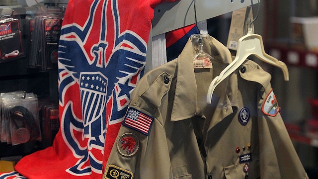 The Boy Scout logo and a uniform are displayed in a store at the Marin Council of the Boy Scouts of America on July 27, 2015 in San Rafael, California.