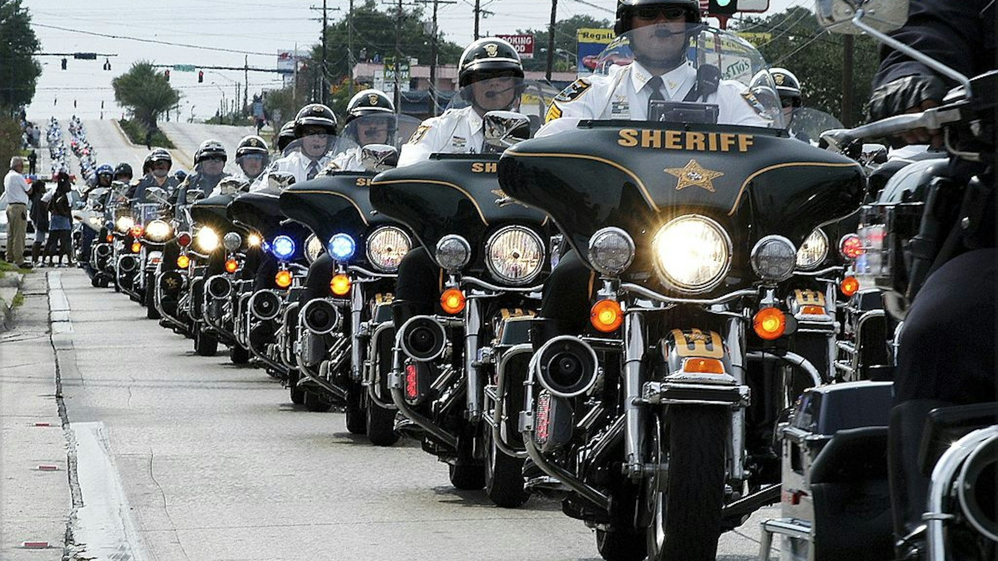 Motorcycle officers from around the country lead the procession for slain Polk County Sheriff's Deputy Matt Williams and his K9 Dioji October 3, 2006 in Lakeland, Florida.