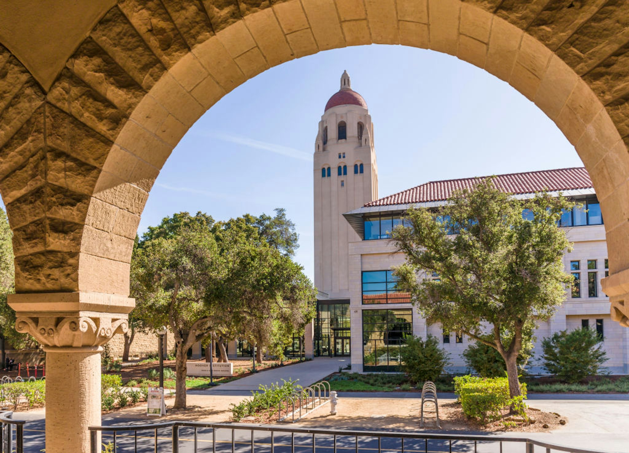 A general view of the Stanford University campus showing the Hoover Tower and the Hoover Institute through an arch of the Main Quadrangle buildings before a NCAA Pac-12 football game between the Stanford Cardinal and the Arizona State University Sun Devils played on September 30, 2017 at Stanford Stadium in Palo Alto, California.
