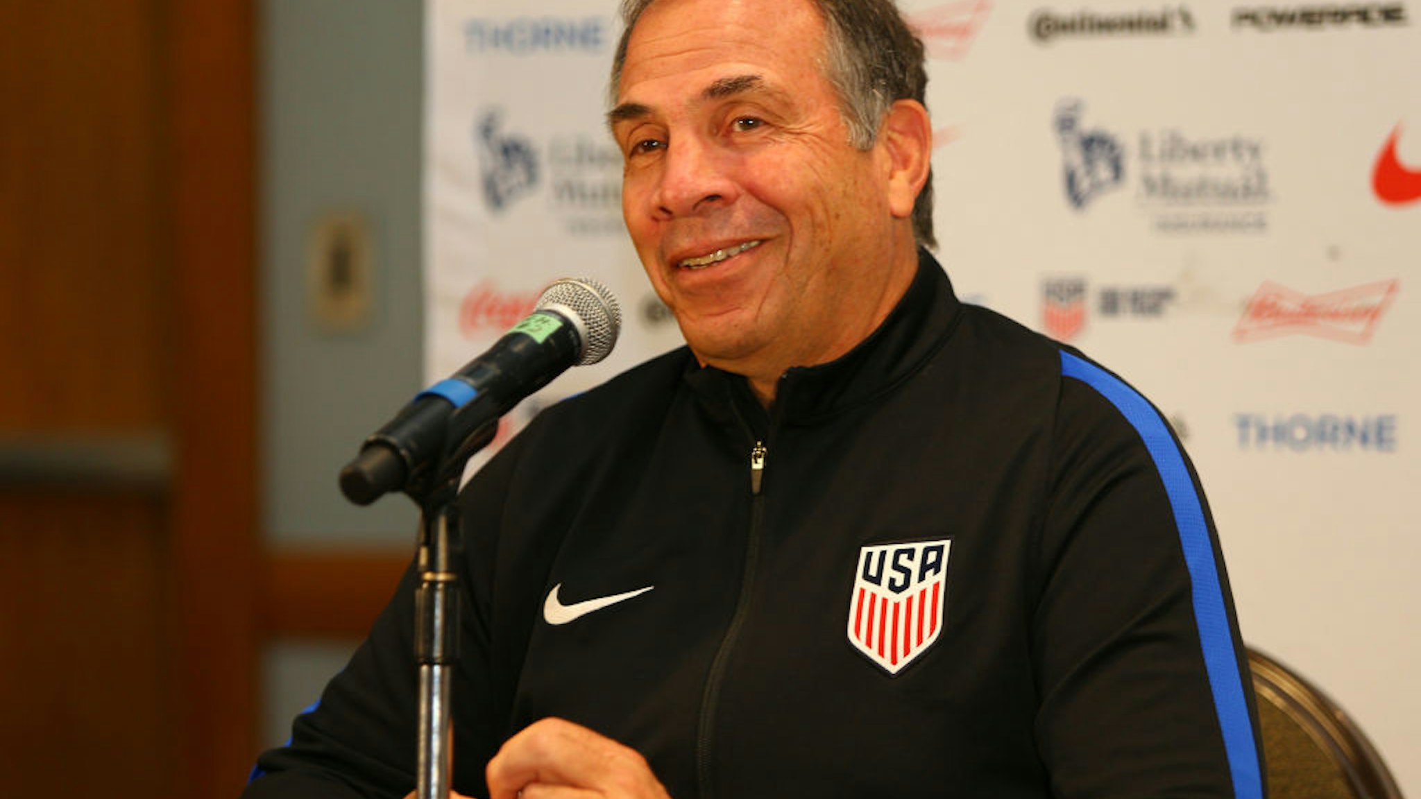 Head coach Bruce Arena speaks during the United States mens national team pre-match press conference at the Hyatt Regency Hotel on October 9, 2017 in Port of Spain,