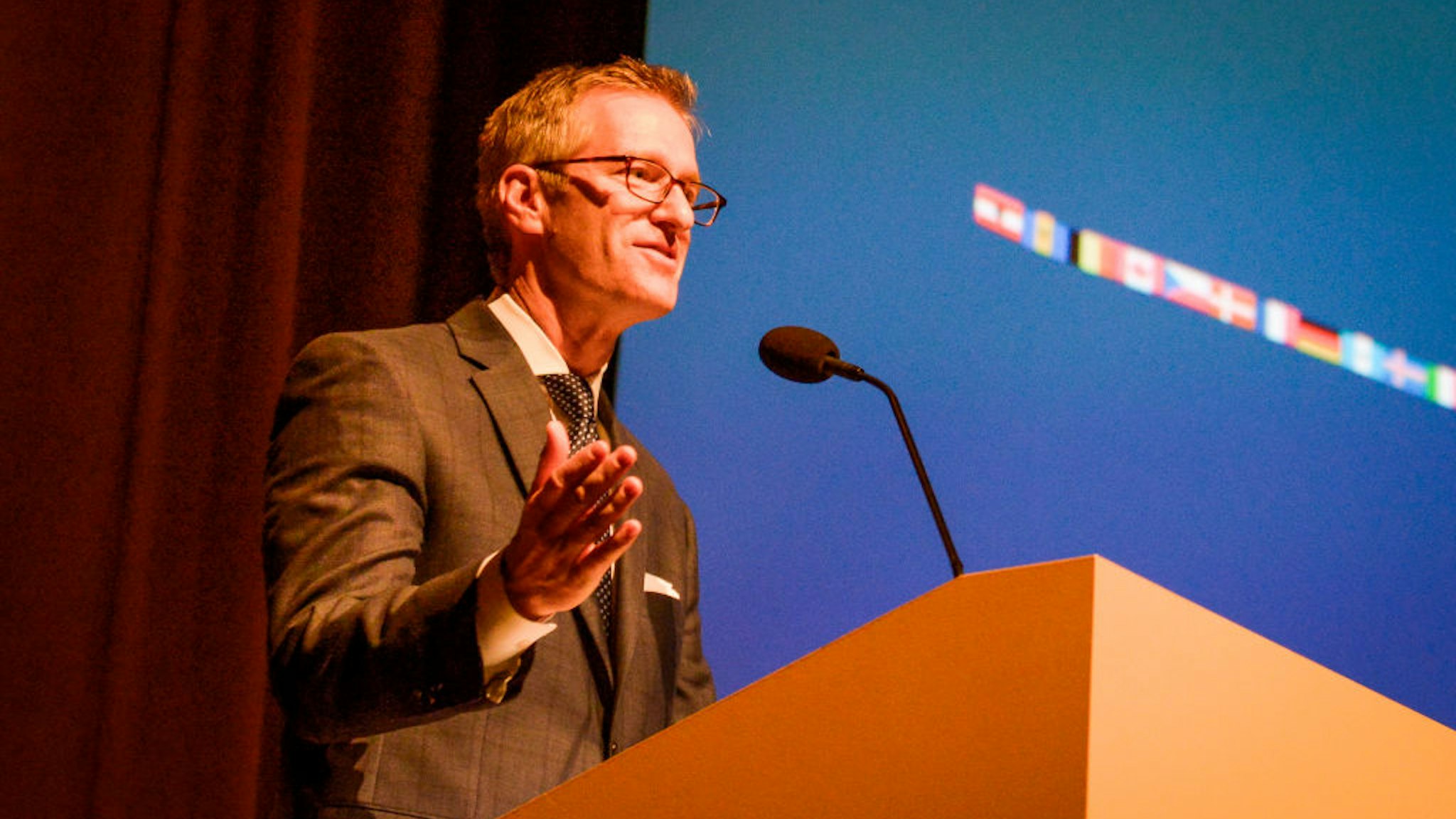 Portland, Oregon Mayor Ted Wheeler speaks at a trade event in Portland, Oregon, United States on 16th May, 2018.