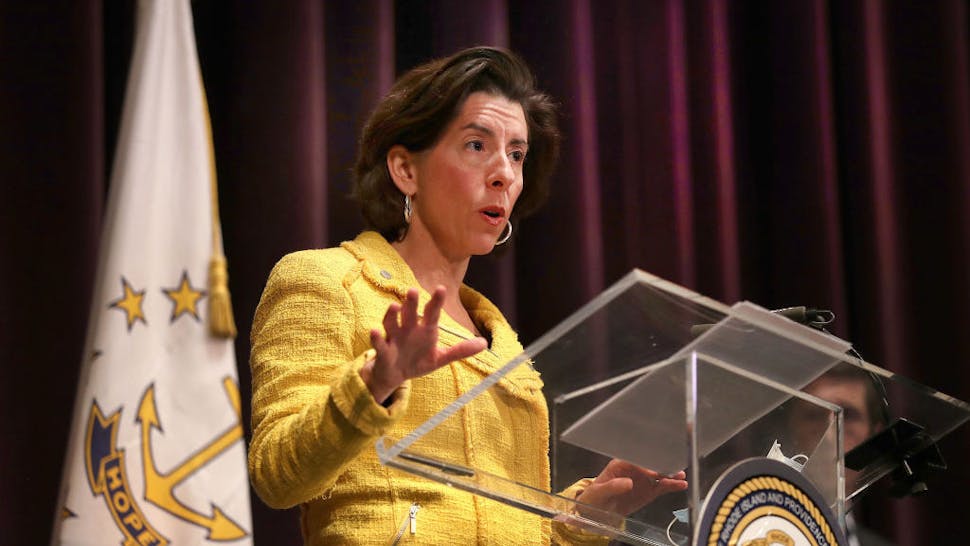 PROVIDENCE, RI - MAY 12: Rhode Island Governor Gina M. Raimondo speaks at a news conference giving a coronavirus update at the Veterans Memorial Auditorium in Providence, RI on May 12, 2020. (Photo by John Tlumacki/The Boston Globe via Getty Images)