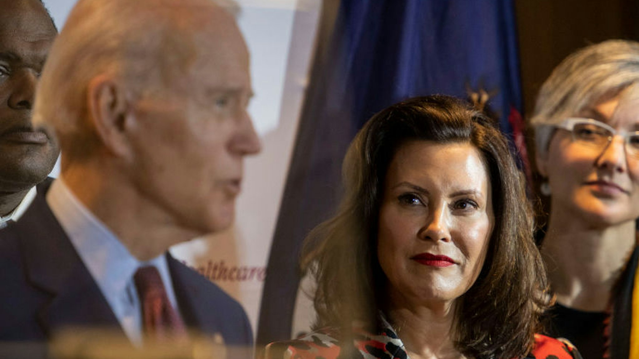 Former Vice President Joe Biden speaks as Michigan Governor Gretchen Whitmer looks on at an event at Cherry Health in Grand Rapids, MI on March 9, 2020. (Photo by Carolyn Van Houten/The Washington Post via Getty Images)