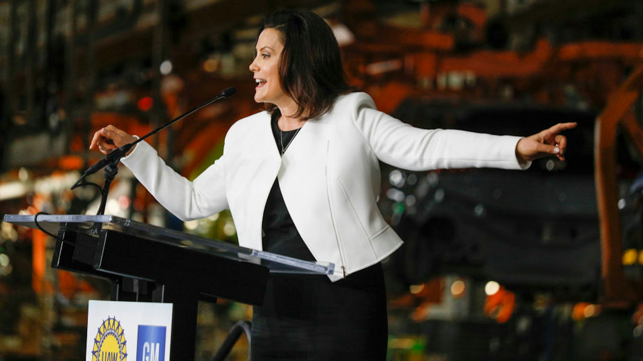 LAKE ORION, MI - MARCH 22: Michigan Gov. Gretchen Whitmer speaks at an event where General Motors Chairman and CEO Mary Barra announced a $300 million investment in the GM Orion Assembly Plant plant for electric and self-driving vehicles at the Orion Assembly Plant on March 22, 2019 in Lake Orion, Michigan. (Photo by Bill Pugliano/Getty Images)