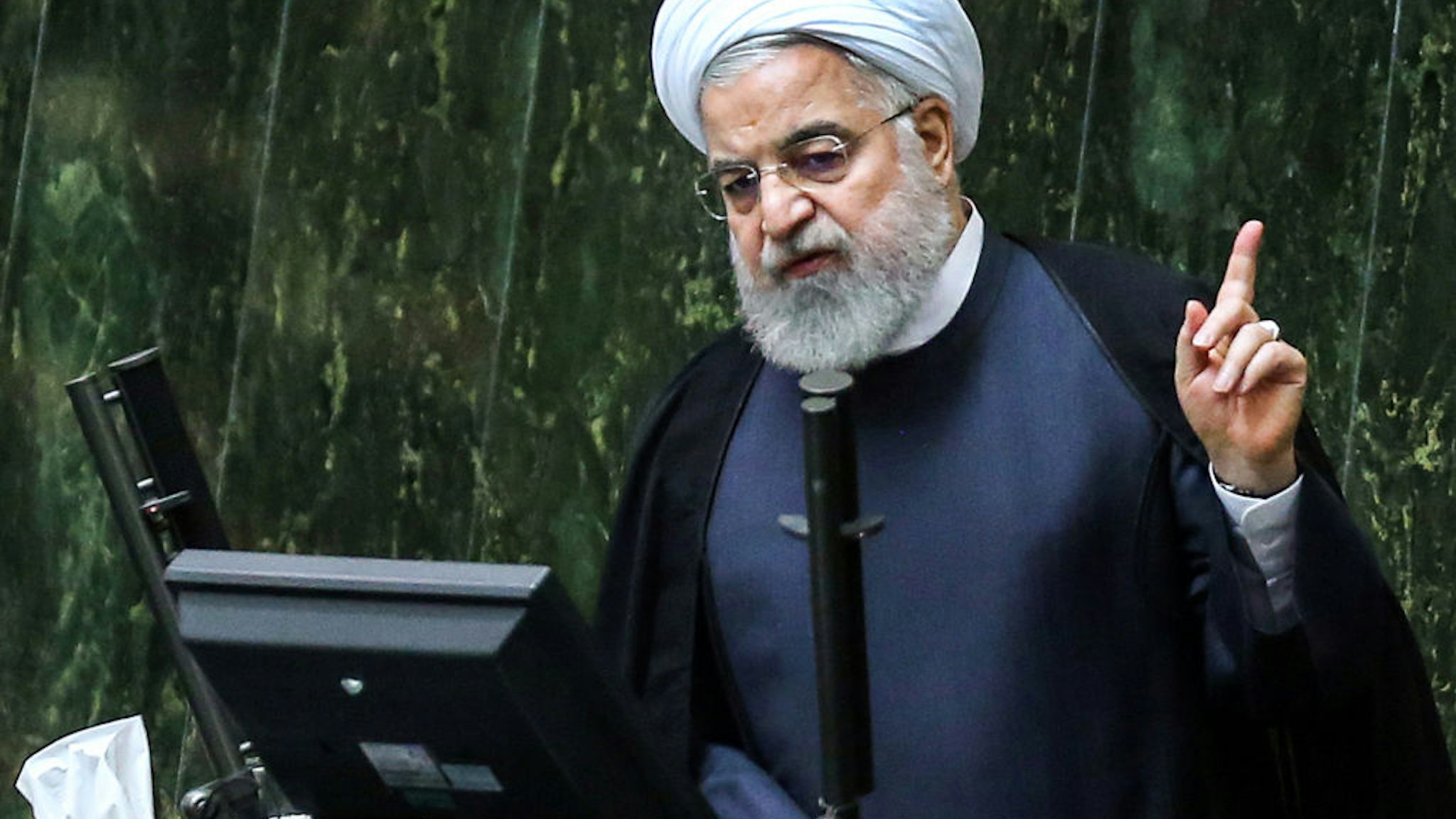 Iran's President Hassan Rouhani speaks at parliament in the capital Tehran on September 3, 2019. - In an address to parliament, Rouhani ruled out holding any bilateral talks with the United States, saying the Islamic republic is opposed to such negotiations in principle. He also said Iran was ready to further reduce its commitments to a landmark 2015 nuclear deal "in the coming days" if current negotiations yield no results by September 5. (Photo by ATTA KENARE / AFP) (Photo by ATTA KENARE/AFP via Getty Images)