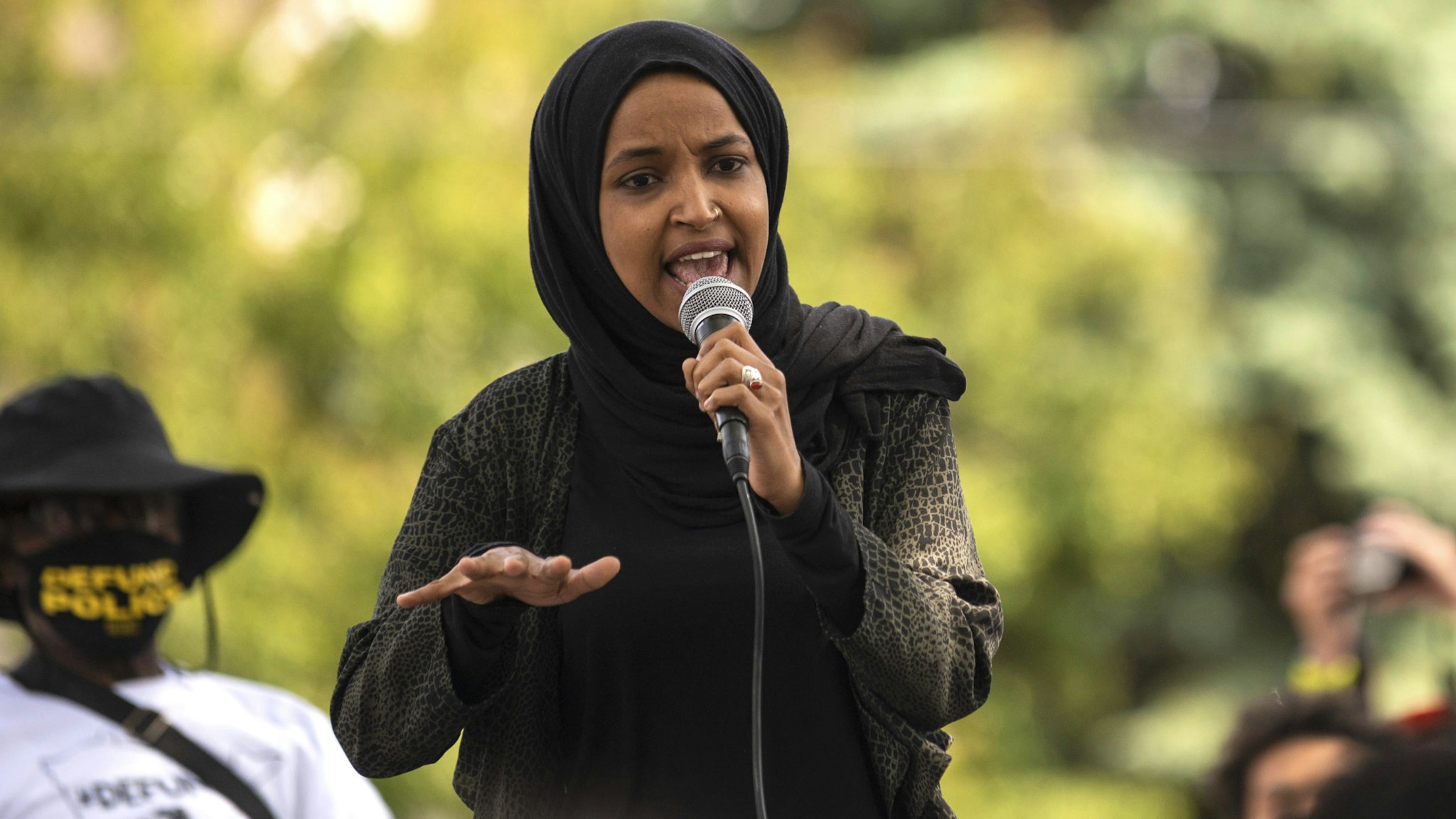 MINNEAPOLIS, MN - JUNE 6: Rep. Ilhan Omar (D-MN) speaks to a crowd gathered for a march to defund the Minneapolis Police Department on June 6, 2020 in Minneapolis, Minnesota. The march commemorated the life of George Floyd who was killed by members of the MPD on May 25.