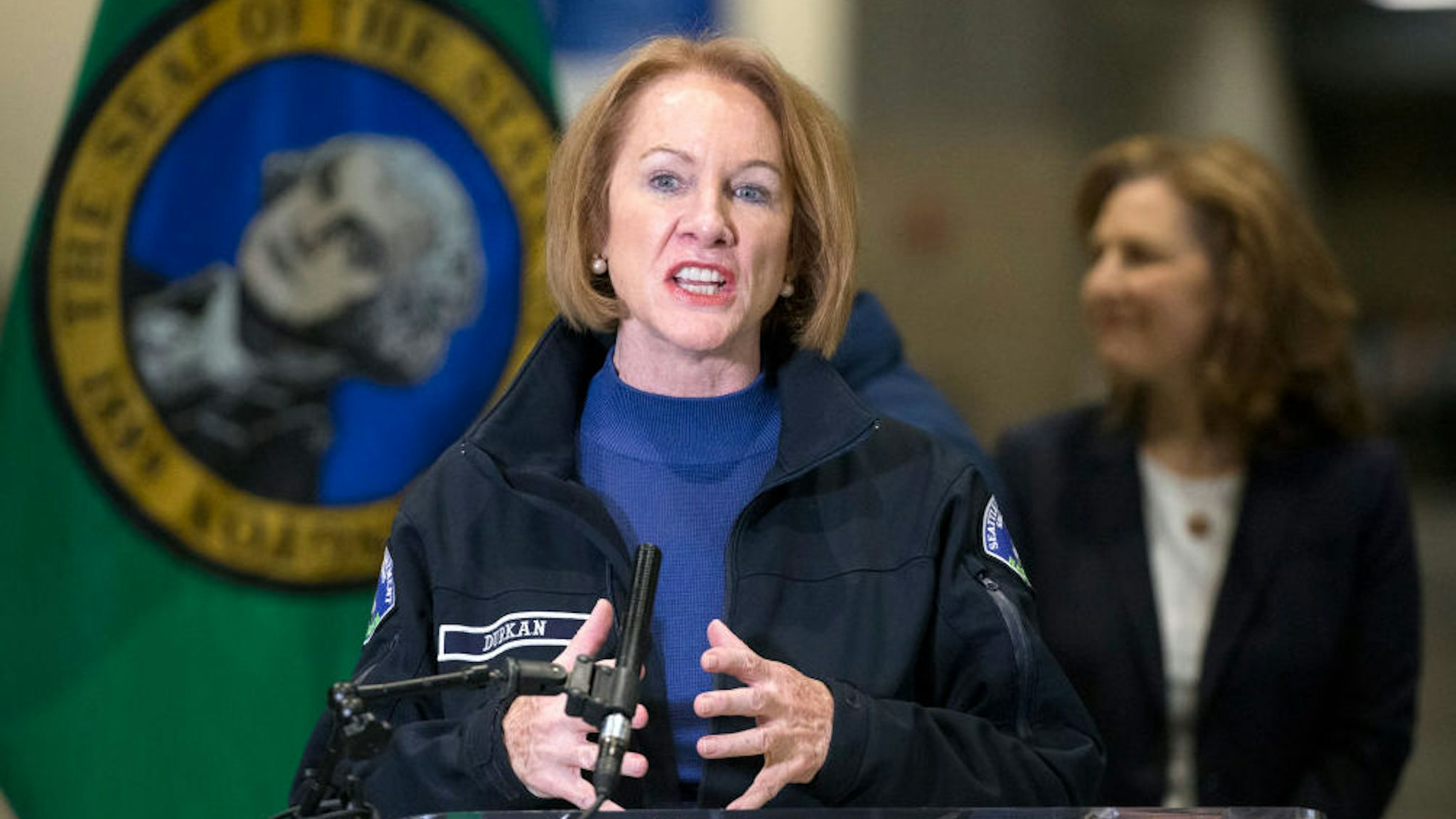 Seattle Mayor jenny Durkan speaks at a press conference on March 28, 2020 in Seattle, Washington. The mayor and other leaders from Washington state discussed the deployment of a new field hospital at CenturyLink Field Event Center which is expected to create at least 150 hospital beds for non-COVID-19 cases and will include 300 soldiers from the 627th Army Hospital at Fort Carson, Colorado. (Photo by Karen Ducey/Getty Images)