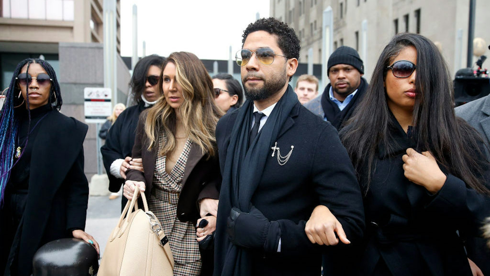 CHICAGO, ILLINOIS - FEBRUARY 24: Flanked by attorneys and supporters, actor Jussie Smollett arrives at the Leighton Criminal Courthouse on February 24, 2020 in Chicago, Illinois. (Photo by Nuccio DiNuzzo/Getty Images)