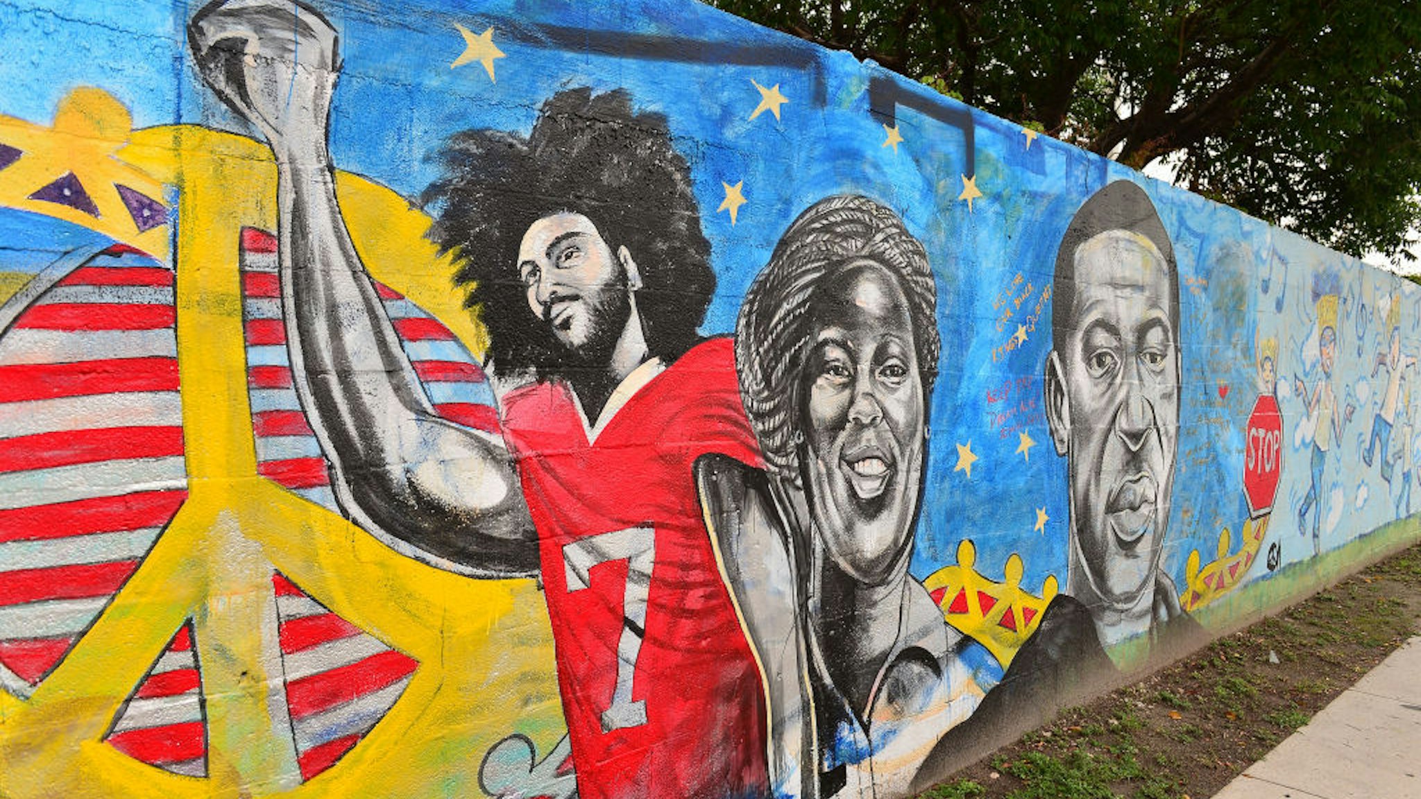 A mural of Colin Kaepernick and George Floyd is seen as protesters demonstrate against police brutality on June 5, 2020 in Miami, Florida. Protesters continue to demand changes on how Police interact with African American after George Floyd died while in police custody in Minneapolis, Minnesota on May 25th. (Photo by Johnny Louis/Getty Images)