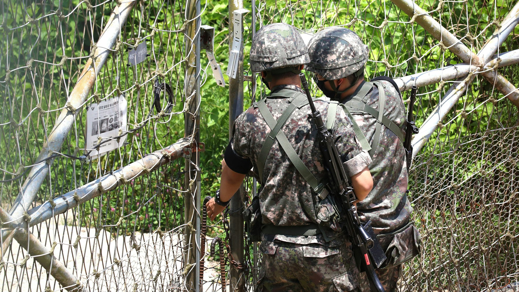PAJU, SOUTH KOREA - JUNE 16: South Korean soldiers patrol at Imjingak, near the demilitarized zone (DMZ) on June 16, 2020 in Paju, South Korea. North Korea's military said Tuesday it is reviewing plans to re-enter border areas disarmed under inter-Korean agreements, days after the North threatened to take military action over the sending of leaflets by activists from South Korea.