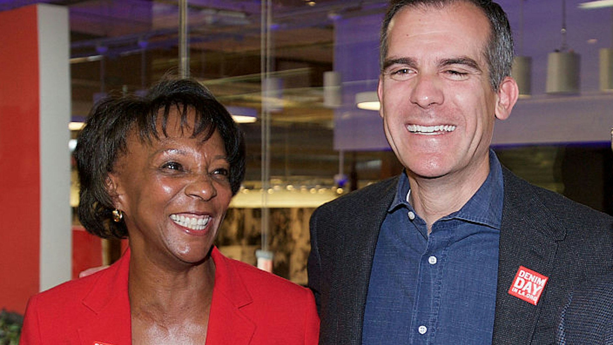 Los Angeles Mayor Eric Garcetti with District Attorney Jackie Lacey. GUESS Headquarters on April 29, 2015 in Los Angeles, California.