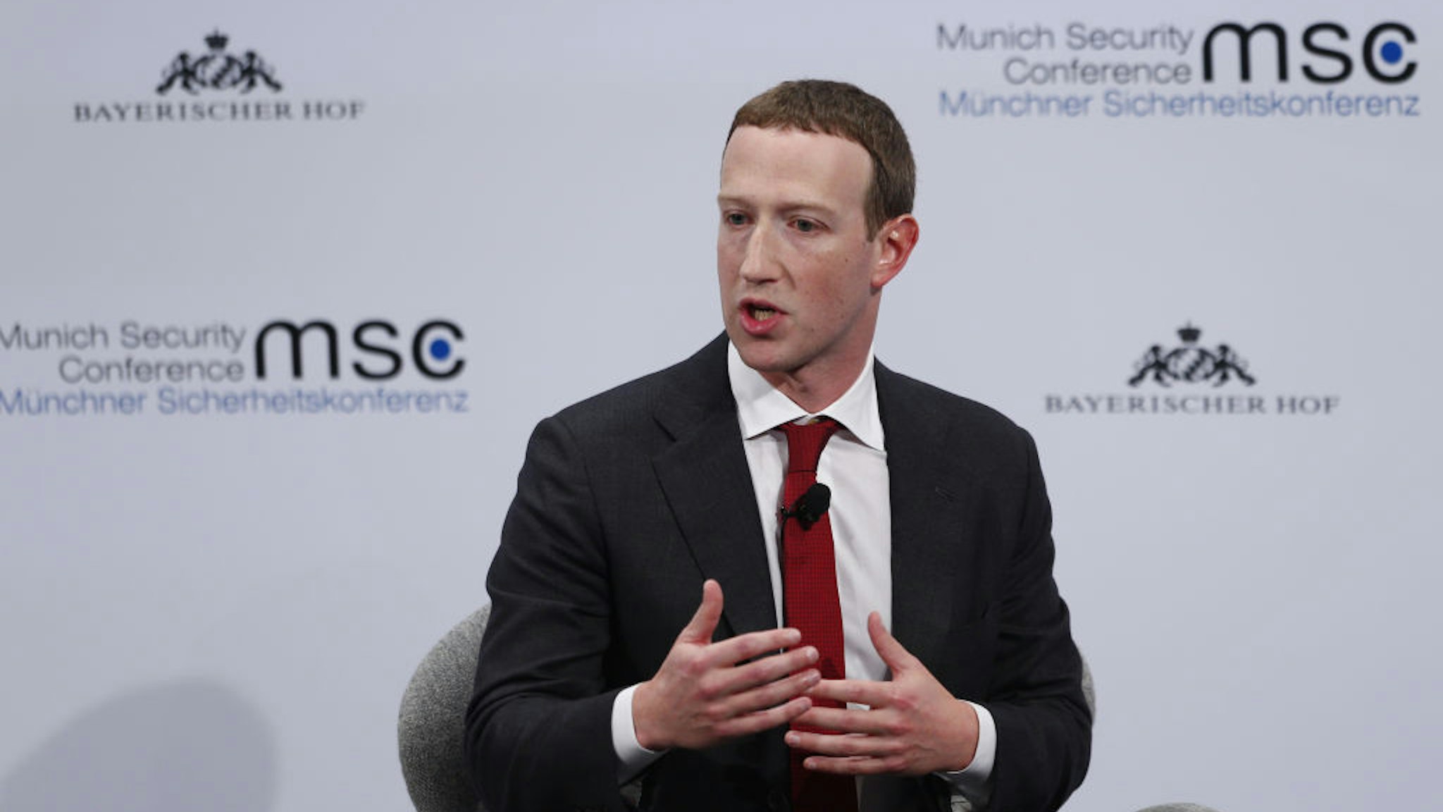 Mark Zuckerberg, chief executive officer and founder of Facebook Inc., gestures as he speaks during the Munich Security Conference at the Bayerischer Hof hotel in Munich, Germany, on Saturday, Feb. 15, 2020. The Libyan conflict is set to be one of the main themes at the annual security conference that runs Feb. 14 - 16. Photographer: Michaela Handrek-Rehle/Bloomberg via Getty Images