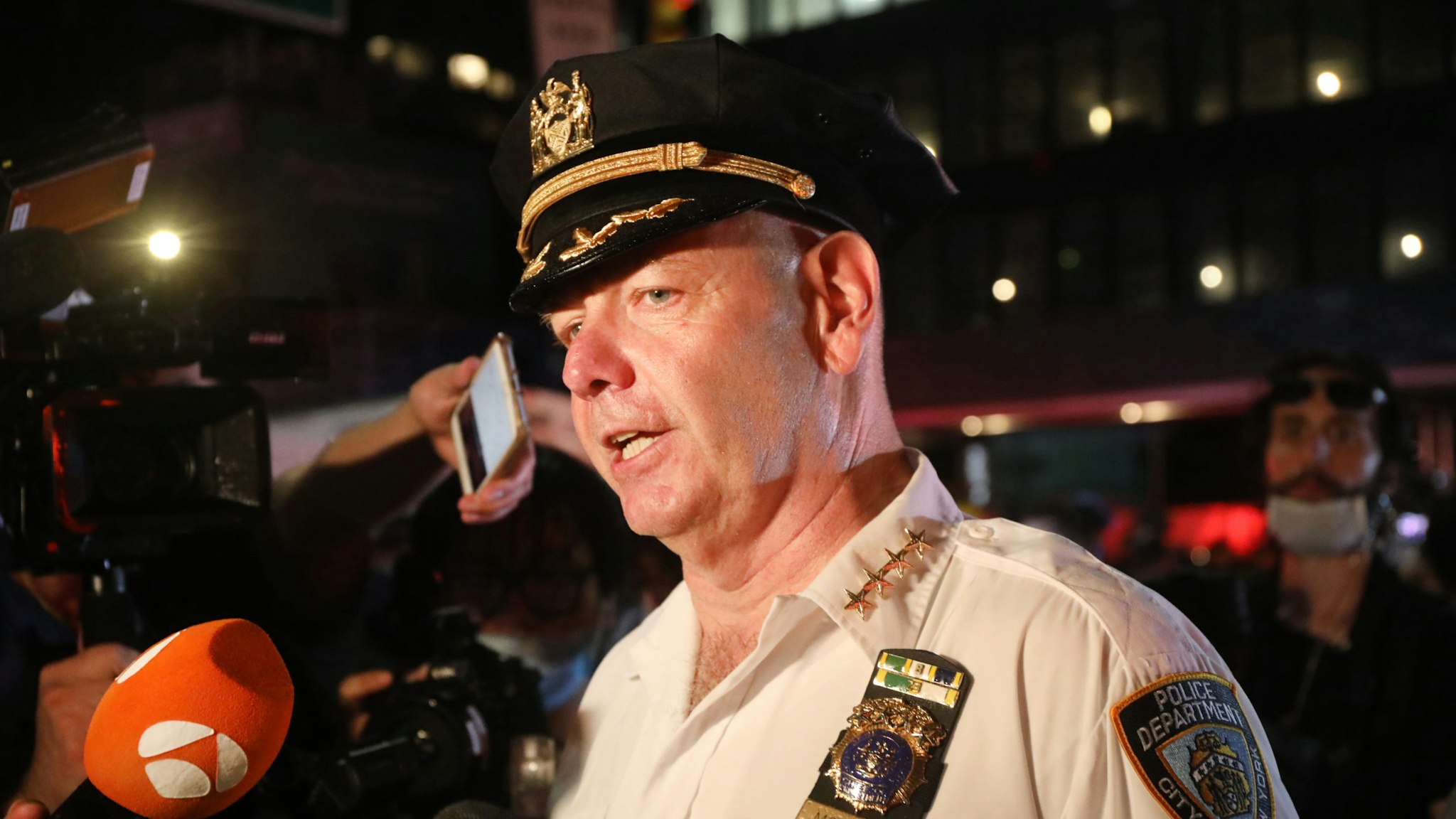 NEW YORK, NEW YORK - JUNE 03: Chief of Department Terence Monahan, the New York Police Department’s highest-ranking uniformed officer, speaks to the media at the scene of a mass arrest of protesters in Manhattan over the killing of George Floyd by a Minneapolis Police officer on June 03, 2020 in New York City. The white police officer, Derek Chauvin, has been charged with second-degree murder and the three other officers who participated in the arrest have been charged with aiding and abetting second-degree murder. Floyd's death, the most recent in a series of deaths of black Americans at the hands of police, has set off days and nights of protests across the country.