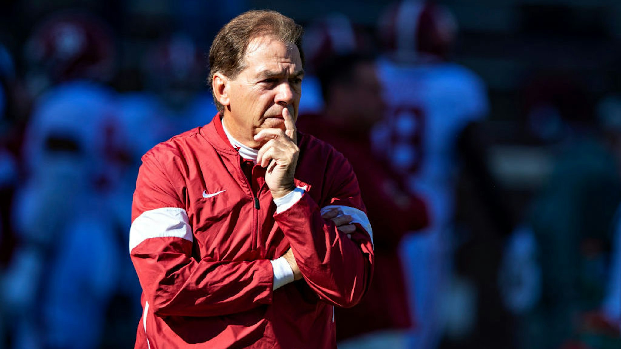 FAYETTEVILLE, AR - NOVEMBER 9: Head Coach Nick Saban of the Alabama Crimson Tide on the field watching his team warm up before a game against the Mississippi State Bulldogs at Davis Wade Stadium on November 16, 2019 in Starkville, Mississippi. The Crimson Tide defeated the Bulldogs 38-7. (Photo by Wesley Hitt/Getty Images)