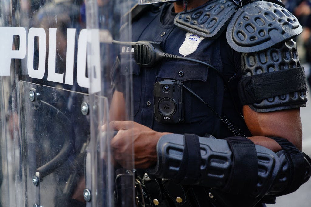 ATLANTA, GA - MAY 31: A police officer wearing a body cam is seen during a demonstration on May 31, 2020 in Atlanta, Georgia. Across the country, protests have erupted following the recent death of George Floyd while in police custody in Minneapolis, Minnesota. (Photo by Elijah Nouvelage/Getty Images)
