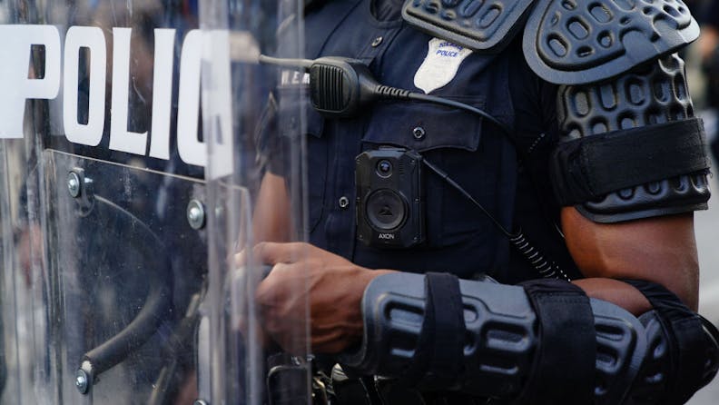 Police Officer ATLANTA, GA - MAY 31: A police officer wearing a body cam is seen during a demonstration on May 31, 2020 in Atlanta, Georgia. Across the country, protests have erupted following the recent death of George Floyd while in police custody in Minneapolis, Minnesota. (Photo by Elijah Nouvelage/Getty Images)