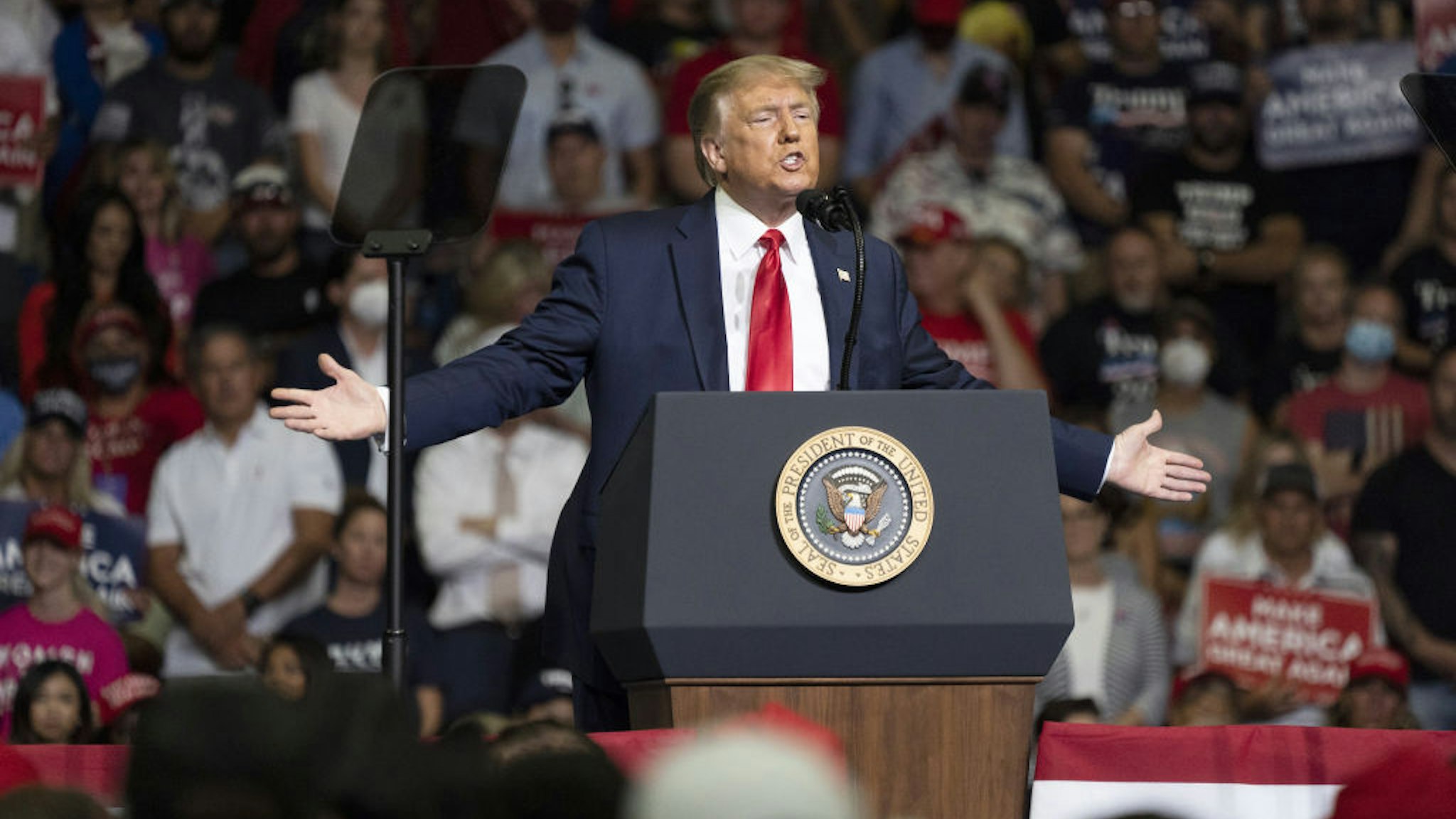 U.S. President Donald Trump speaks during a rally in Tulsa, Oklahoma, U.S., on Saturday, June 20, 2020. Trump's first campaign rally since the coronavirus pandemic took hold in the U.S. drew far fewer supporters than the president and his advisers had predicted, a downbeat end to a day of controversy over efforts to oust a top prosecutor in New York. Photographer: Go Nakamura/Bloomberg via Getty Images