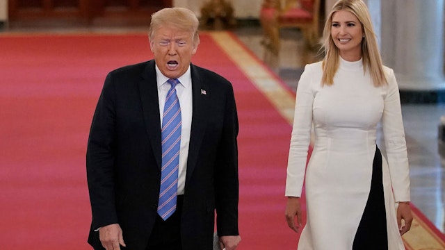WASHINGTON, DC - JUNE 26: U.S. President Donald Trump and White House advisor Ivanka Trump arrive at a meeting of the American Workforce Policy Advisory Board in the East¬†Room of the White House on June 26, 2020 in Washington, DC. Earlier in the day President Trump canceled his scheduled weekend trip to his private golf club in Bedminster, New Jersey which the state now has a mandatory 14-day quarantine for travelers coming from states with coronavirus spikes. (Photo by Drew Angerer/Getty Images)