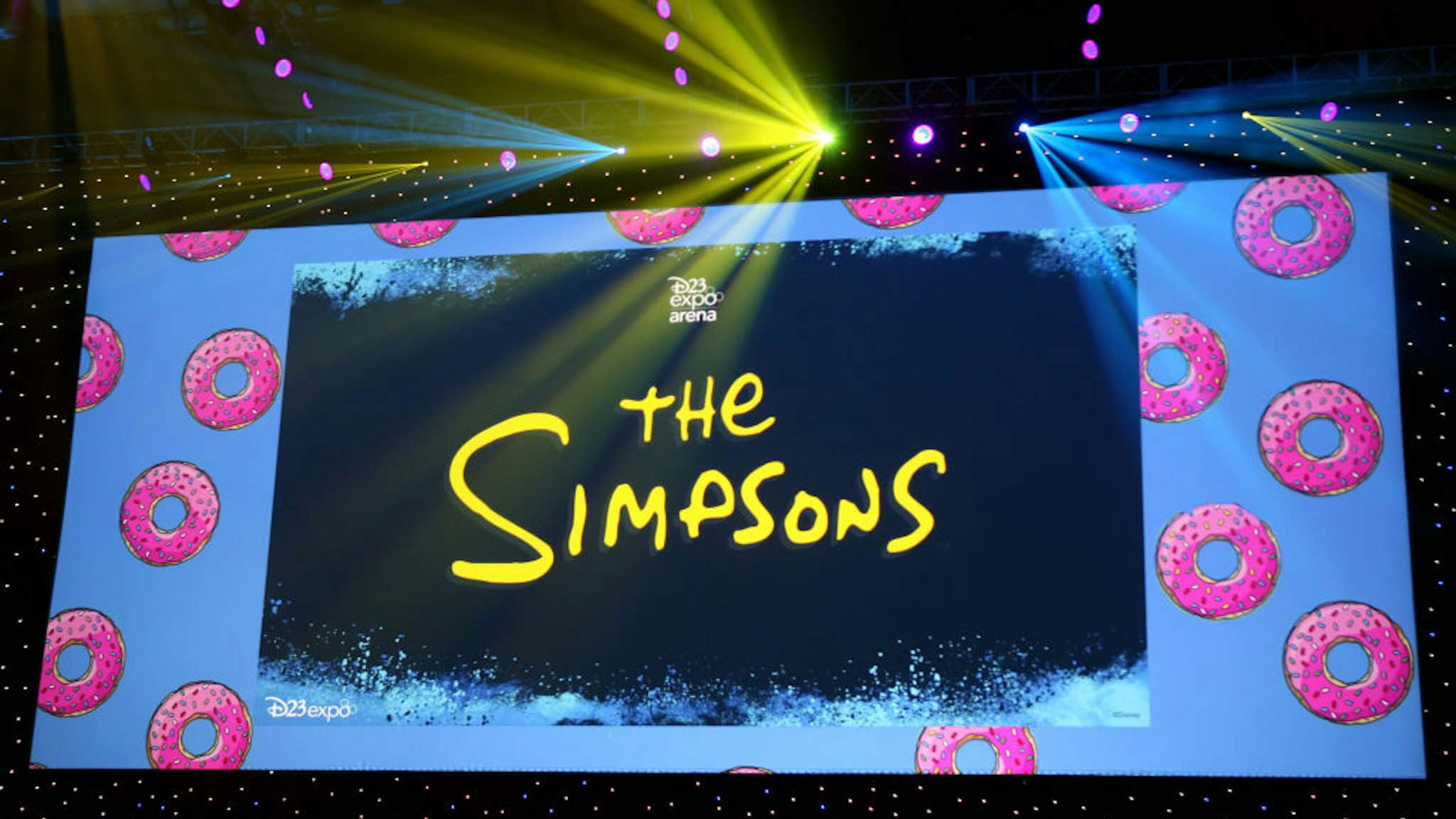 ANAHEIM, CALIFORNIA - AUGUST 24: A view of the screen at The Simpsons! panel during the 2019 D23 Expo at Anaheim Convention Center on August 24, 2019 in Anaheim, California.
