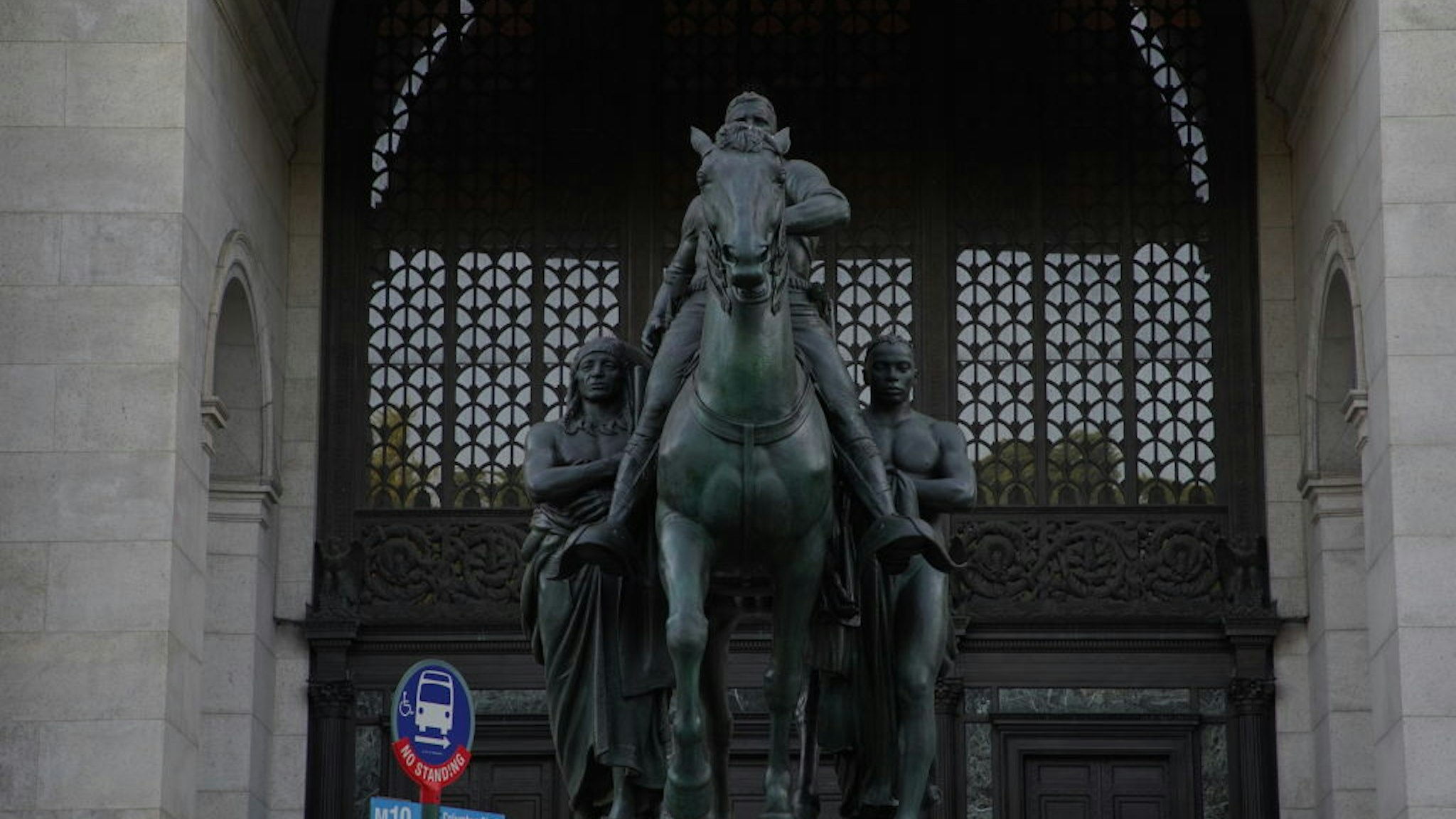 NEW YORK, NEW YORK - JUNE 16: A view of the Equestrian Statue of Theodore Roosevelt at American Museum of Natural History on June 16, 2020 in New York City. The killing of George Floyd by a police officer in Minneapolis has brought a heightened awareness to racial justice across America, and many have long called for taking down statues of Confederate generals and others who helped perpetuate racial injustice. (Photo by Rob Kim/Getty Images)