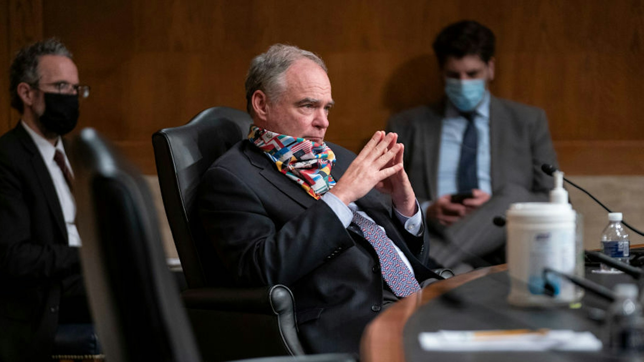 Sen. Tim Kaine (D-VA) listens during a Senate Health, Education, Labor, and Pensions hearing on a plan for students to safely return to college amid the COVID-19 pandemic on Capitol Hill on June 4, 2020 in Washington, DC.Top university officials testified about how to return students to college campuses safely in the fall after the coronavirus outbreak sent most students home early in the spring. (Photo by Sarah Silbiger/Getty Images)