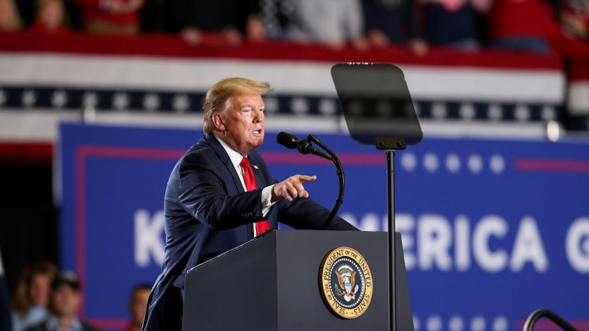 NEW JERSEY, USA - JANUARY 28: U.S. President Donald Trump addresses during 'Keep America Great Rally' at the Wildwood Convention Center on January 28, 2020 in Wildwood, New Jersey, United States. (