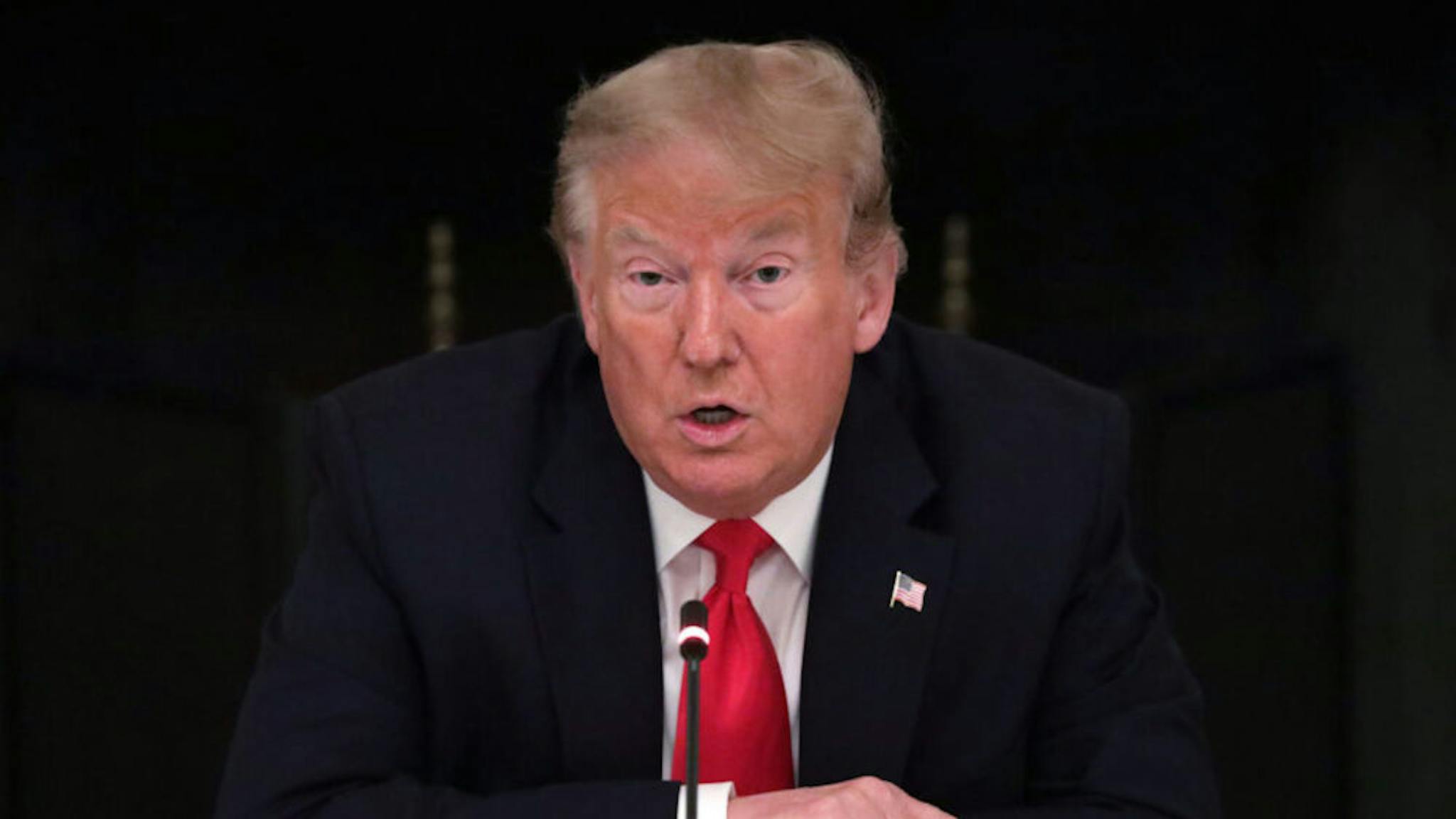 President Trump Holds Roundtable With Governors On Reopening Small Businesses WASHINGTON, DC - JUNE 18: U.S. President Donald Trump speaks during a roundtable at the State Dining Room of the White House June 18, 2020 in Washington, DC. President Trump held a roundtable discussion with Governors and small business owners on the reopening of American’s small business.