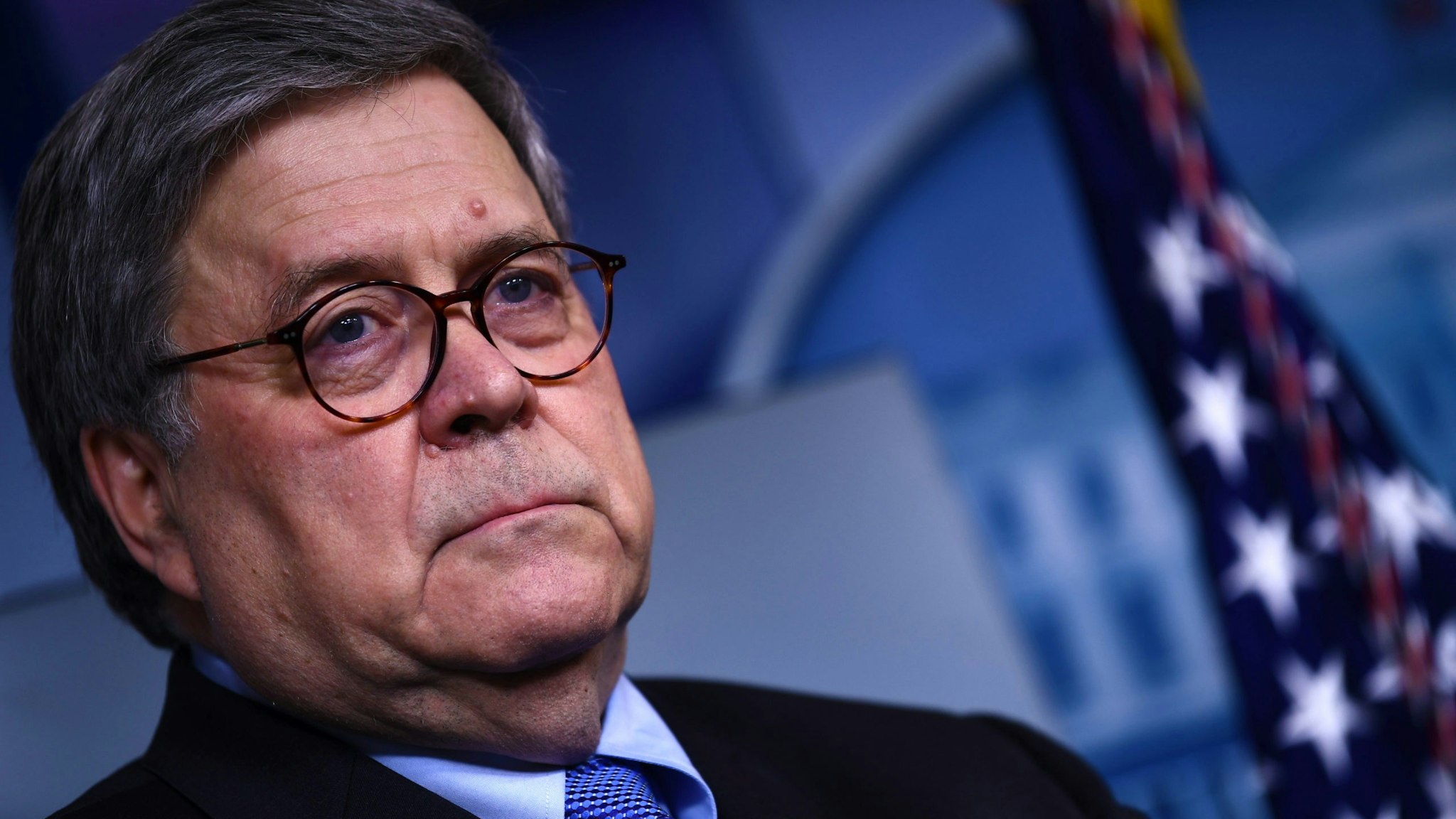 Attorney General William Barr waits in the press briefing room of the White House March 23, 2020, in Washington, DC.