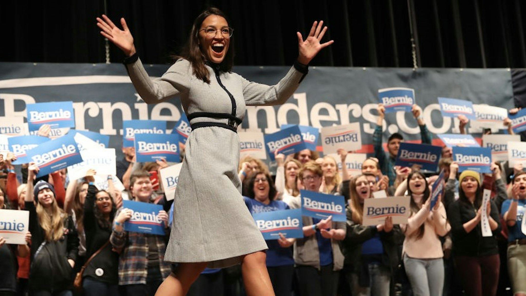 AMES, IOWA - JANUARY 25: Rep. Alexandria Ocasio-Cortez (D-NY) arrives on stage at a campaign event for Democratic presidential candidate Sen. Bernie Sanders (I-VT) at the Ames City Auditorium on January 25, 2020 in Ames, Iowa. Iowa holds the state's caucuses in nine days on February 3. (Photo by