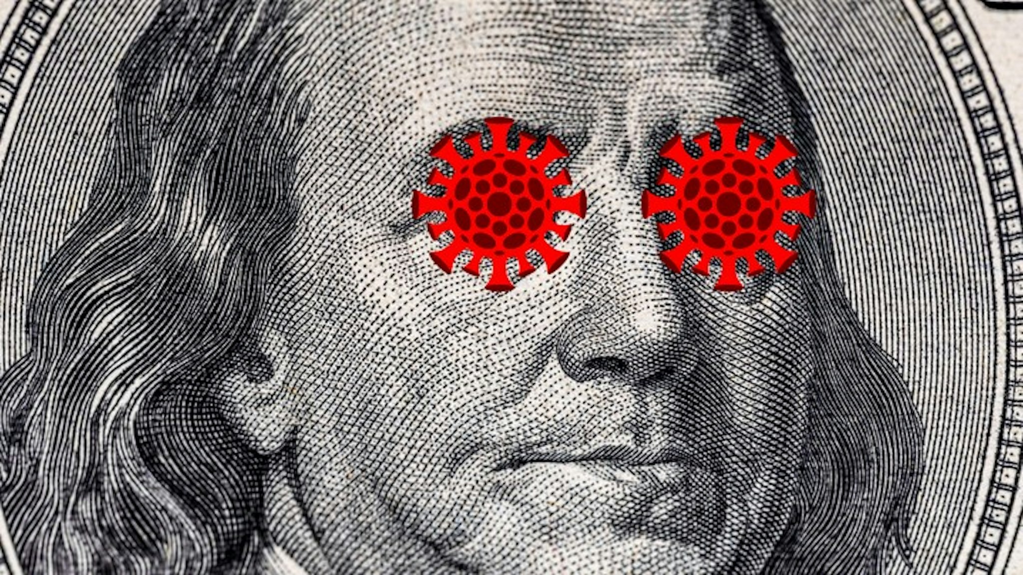 US quarantine, 100 dollar banknote coronavirus. The concept of pandemic and economic decline