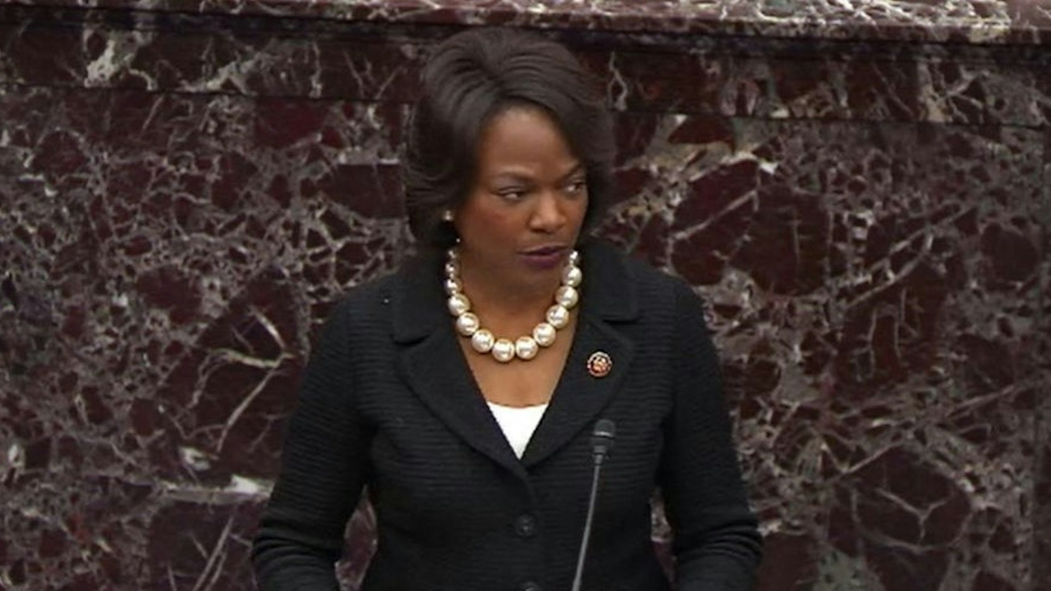 WASHINGTON, DC - JANUARY 31: In this screengrab taken from a Senate Television webcast, House manager Rep. Val Demings (D-FL) speaks during impeachment proceedings against U.S. President Donald Trump in the Senate at the U.S. Capitol on January 31, 2020 in Washington, DC. (Photo by