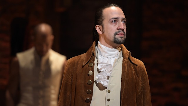 Actor, composer Lin-Manuel Miranda is seen on stage during "Hamilton" GRAMMY performance for The 58th GRAMMY Awards at Richard Rodgers Theater on February 15, 2016 in New York City.
