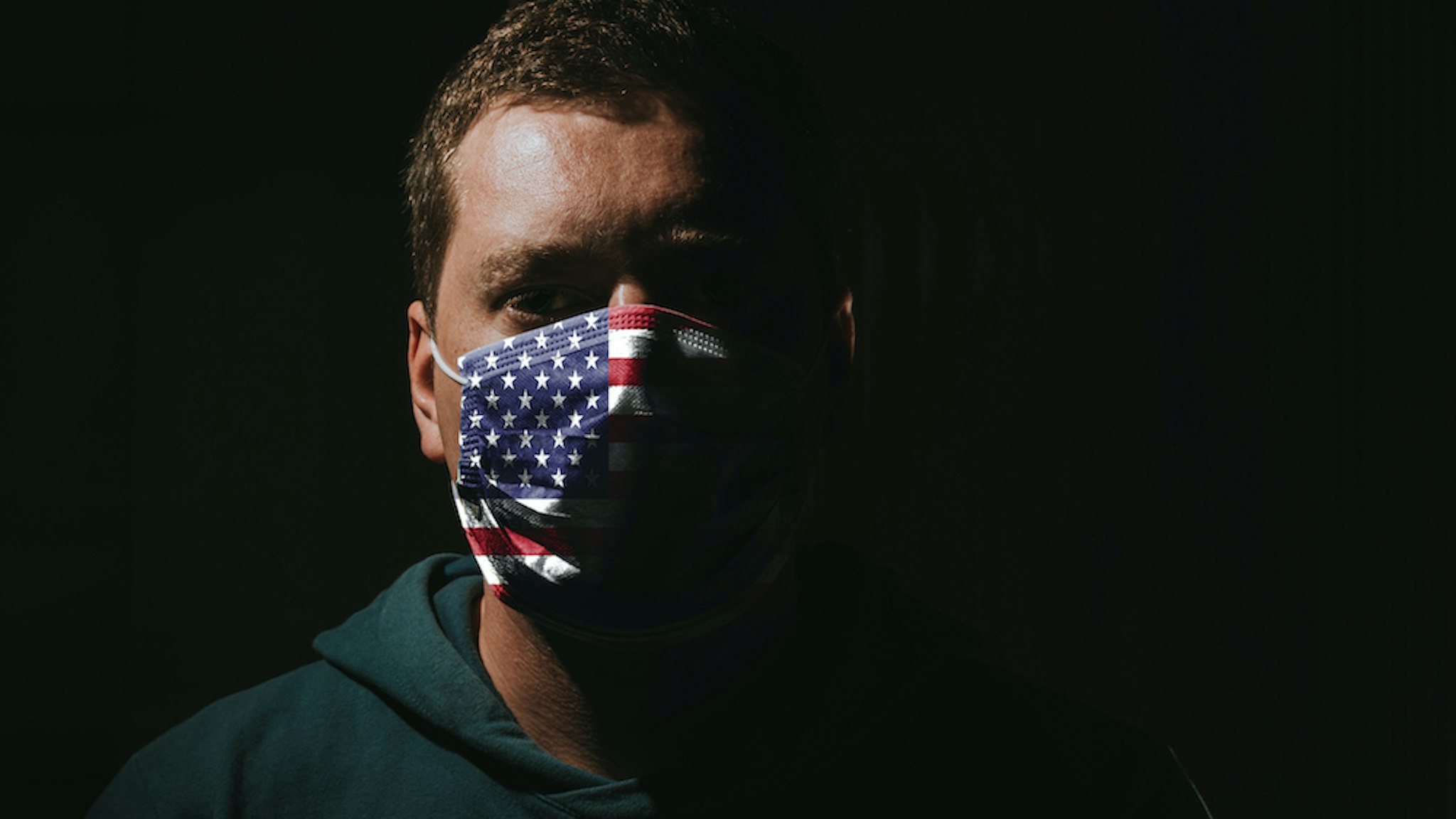 Man Wearing Mask With American Flag For Protection Of Corona Virus Covid-19 Sars-Cov-2