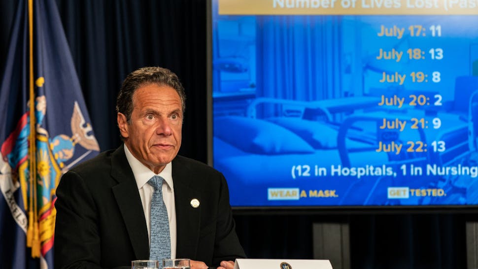 NEW YORK, NY - JULY 23: New York Gov. Andrew Cuomo speaks during the daily media briefing at the Office of the Governor of the State of New York on July 23, 2020 in New York City. The Governor said the state liquor authority has suspended 27 bar and restaurant alcohol licenses for violations of social distancing rules as public officials try to keep the coronavirus outbreak under control. (Photo by Jeenah Moon/Getty Images)