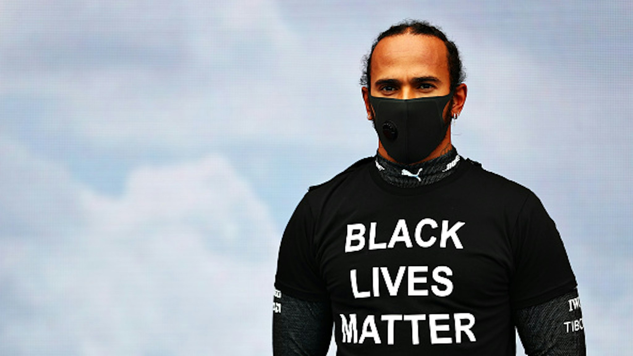 BUDAPEST, HUNGARY - JULY 19: Lewis Hamilton of Great Britain and Mercedes GP wears a Black Lives Matter on the grid before the Formula One Grand Prix of Hungary at Hungaroring on July 19, 2020 in Budapest, Hungary.