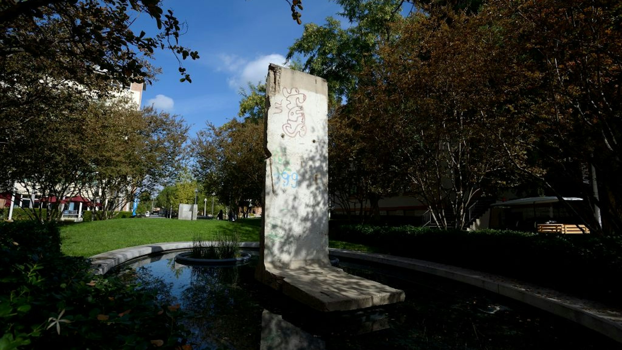 ORANGE, CA - NOVEMBER 13: A section of the Berlin Wall in Liberty Plaza at Chapman University on Thursday. The wall was acquired in 1999, thanks to a two-year effort by Chapman University President Jim Doti.