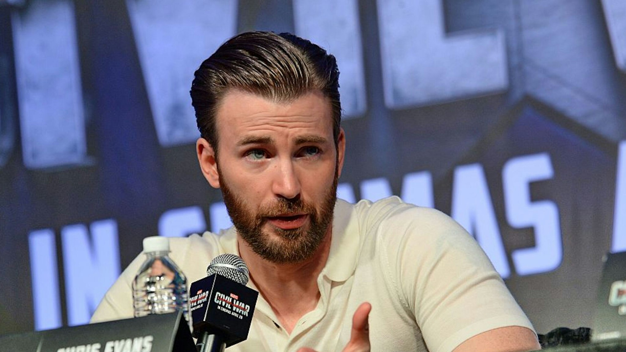 US actor Chris Evans attends a press conference at Marina Bay Sands in Singapore on April 21, 2016, during a press tour to promote the latest Marvel installment, Captain America: Civil War which will hit the screens on April 28. Director Joe Russo and US actors Sebastian Stan, Chris Evans and Anthony Mackie are in Singapore for the press tour.