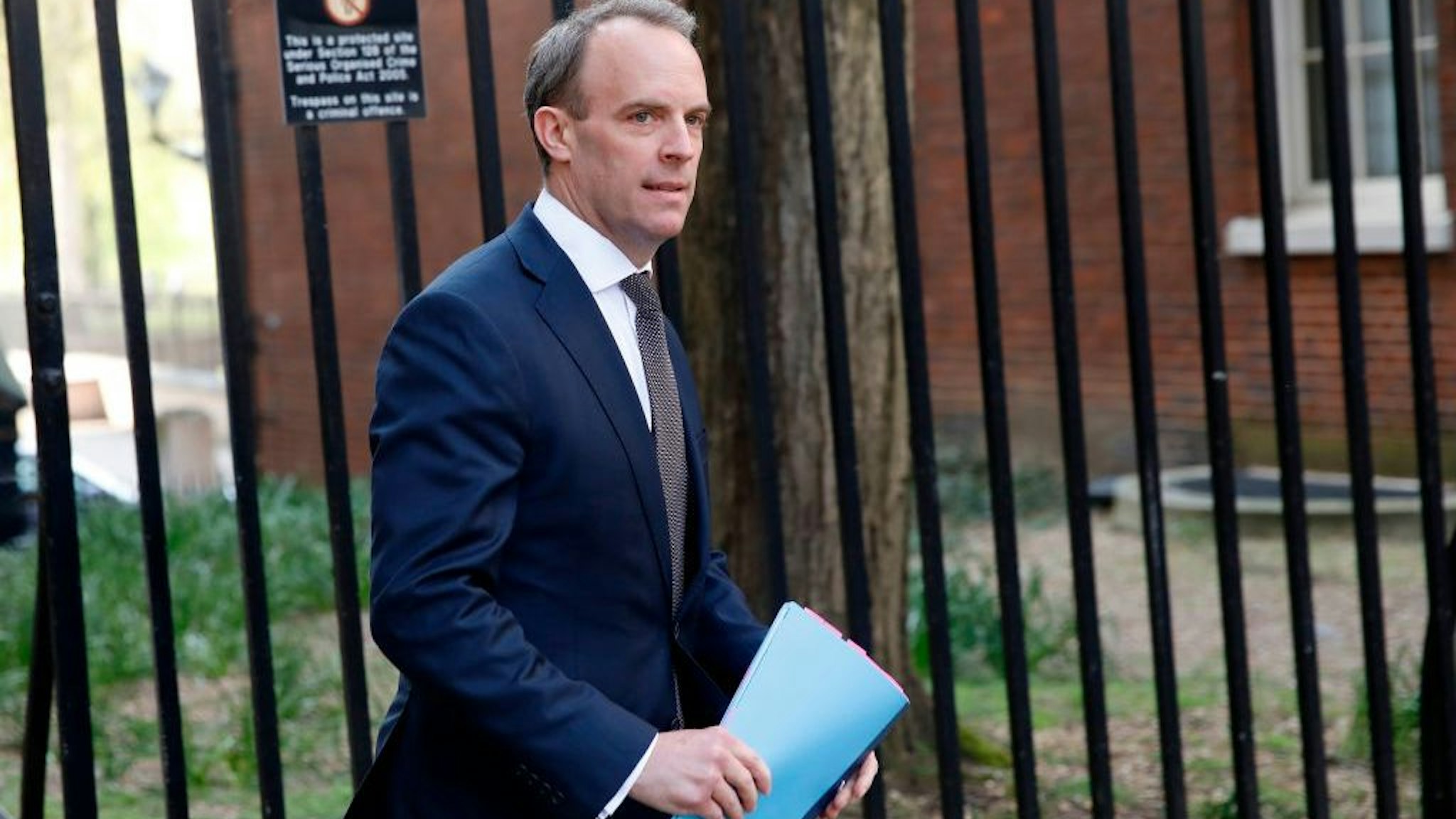 Britain's Foreign Secretary Dominic Raab arrives for a COBRA meeting at 10 Downing street in central London on April 9, 2020. - British Prime Minister Boris Johnson's health "continues to improve" on his fourth day in COVID-19 intensive care, his spokesman said Thursday, while the government prepared to extend a nationwide lockdown. (Photo by Tolga AKMEN / AFP) (Photo by TOLGA AKMEN/AFP via Getty Images)