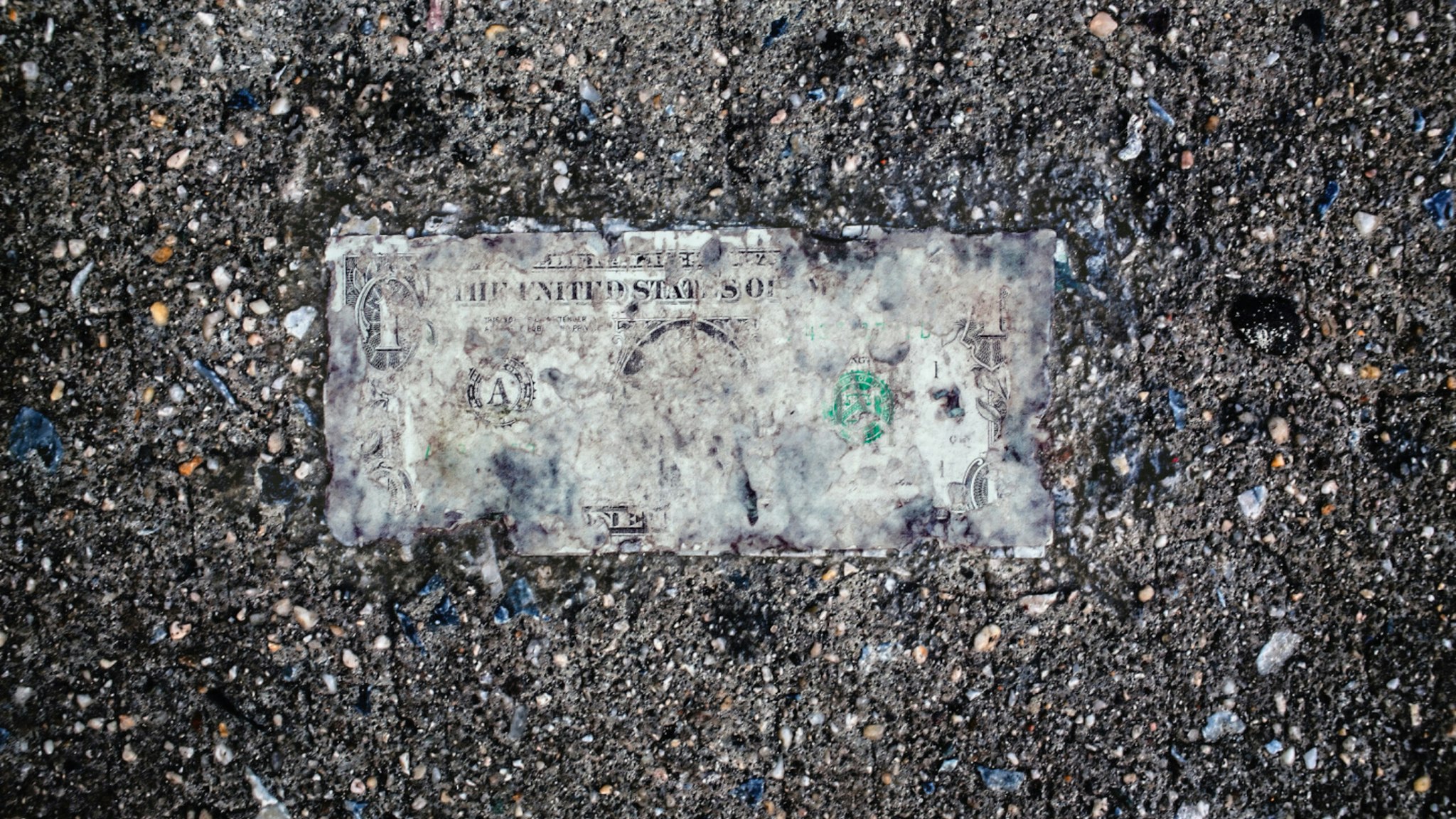 Still life of deteriorating one dollar bill on wet pavement.
