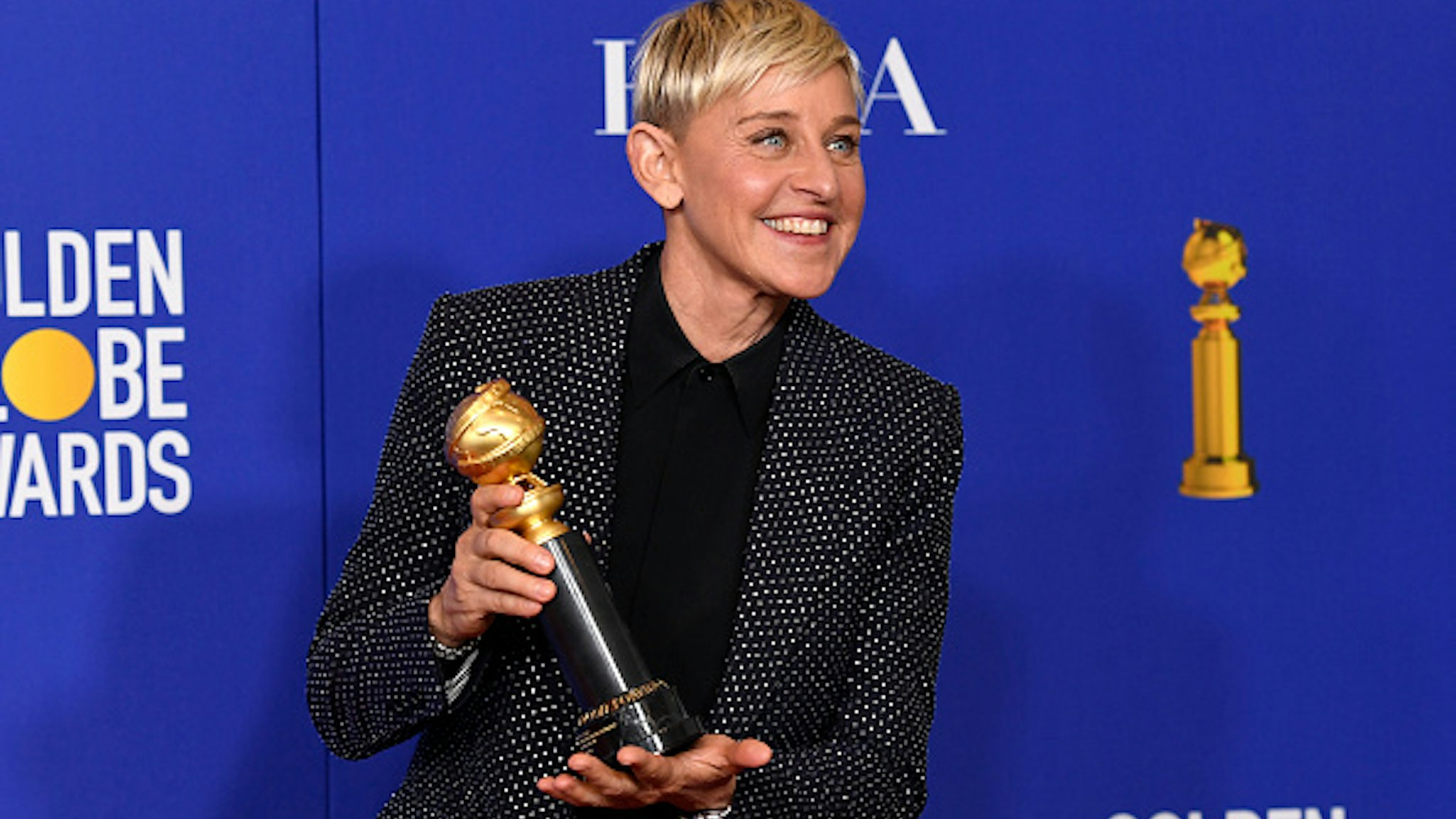 BEVERLY HILLS, CALIFORNIA - JANUARY 05: 77th ANNUAL GOLDEN GLOBE AWARDS -- Pictured: Carol Burnett Award winner Ellen DeGeneres in the press room at the 77th Annual Golden Globe Awards held at the Beverly Hilton Hotel on January 5, 2020. --