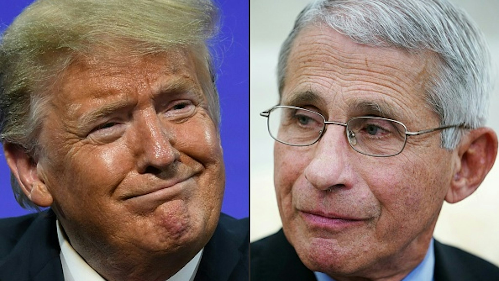 (COMBO) This combination of pictures created on July 13, 2020 shows US President Donald Trump in Phoenix, Arizona, June 23, 2020 and Anthony Fauci , director of the National Institute of Allergy and Infectious Diseases in Washington, DC on April 29, 2020. - As Florida reports a record surge of deaths due to COVID-19, President Trump called out Dr. Fauci on Fox News for making "a lot of mistakes", while The White House stated "several White House officials are concerned about the number of times Dr. Fauci has been wrong on things". Fauci, for his part, has contradicted the President by saying that "the country is not doing well in comparison to other countries handling of the virus".