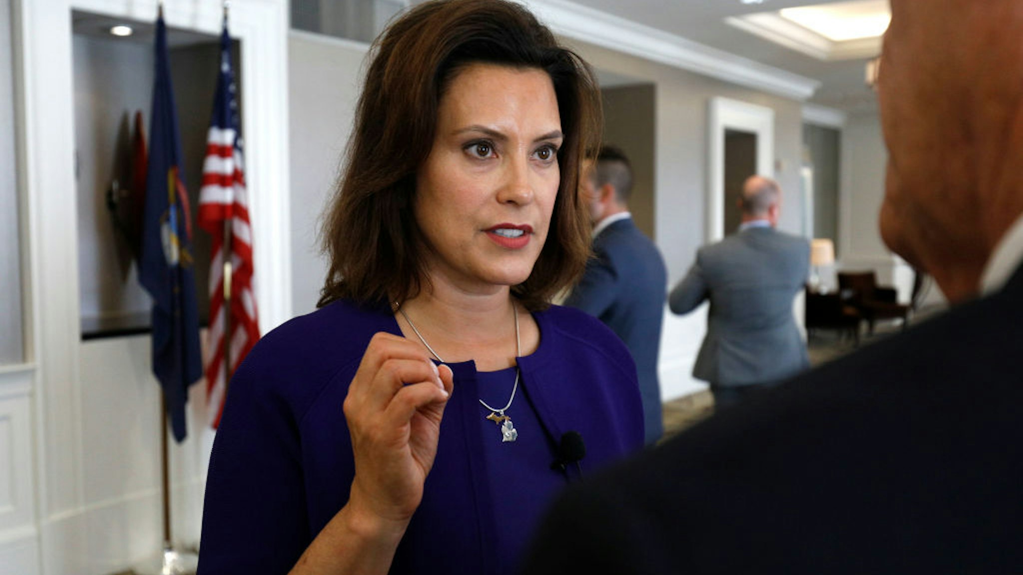 Gretchen Whitmer, Michigan Democratic gubernatorial nominee, speaks with a reporter after a Democrat Unity Rally at the Westin Book Cadillac Hotel August 8, 2018 in Detroit, Michigan.