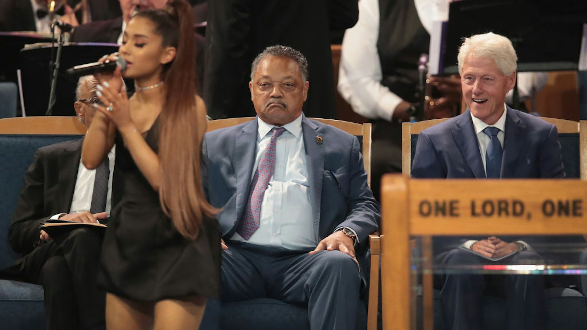 Ariana Grande performs at the funeral for Aretha Franklin at the Greater Grace Temple on August 31, 2018 in Detroit, Michigan. Franklin,