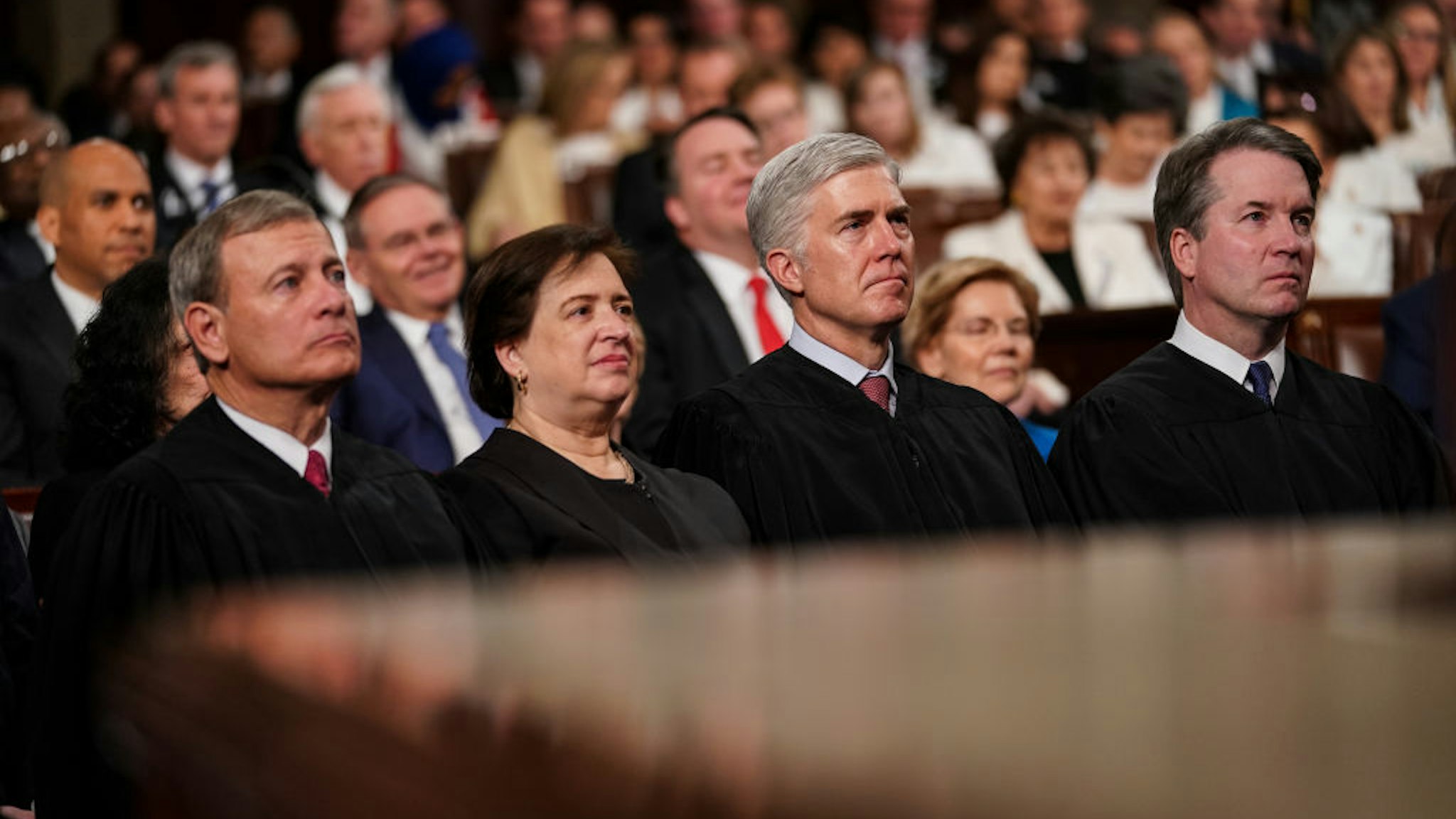 Supreme Court Justices John Roberts, Elena Kagan, Neil Gorsuch and Brett Kavanaugh attend the State of the Union address in the chamber of the U.S. House of Representatives at the U.S. Capitol Building on February 5, 2019 in Washington, DC.