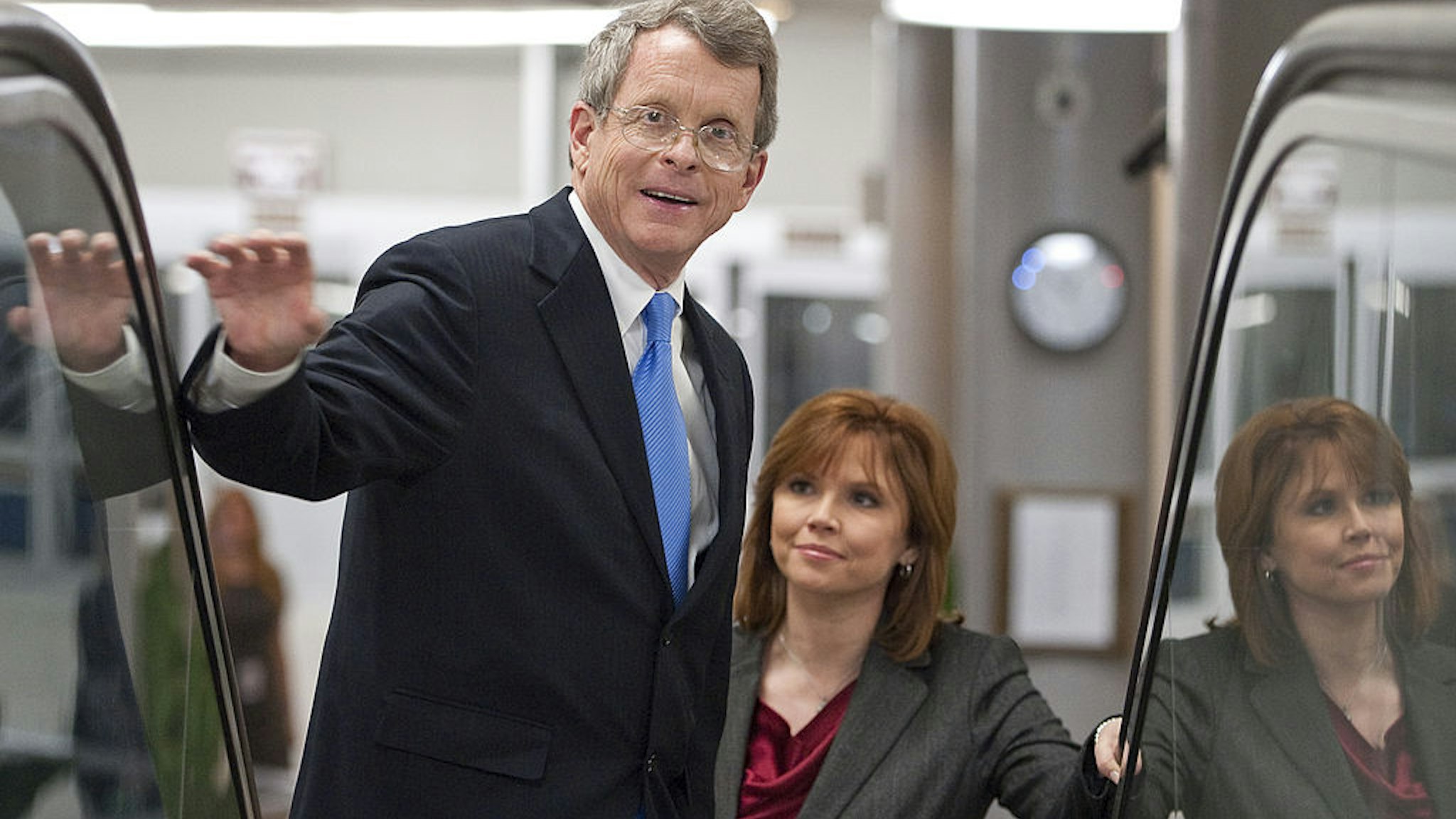 Former Sen. Mike DeWine, R-Ohio, and NBC political reporter Kelly O'Donnell, ride the escalator up to the Capitol from the Senate subway on Wednesday, March 2, 2011.