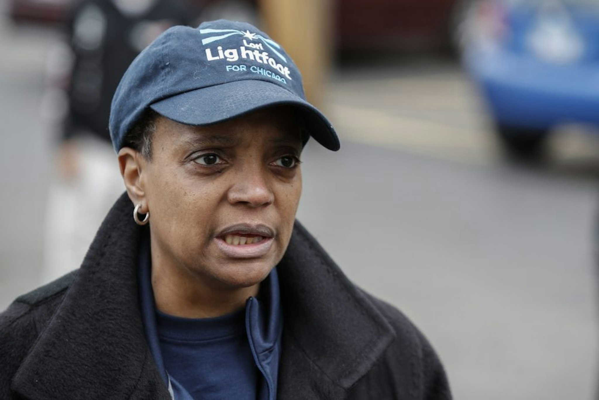 Chicago mayoral candidate Lori Lightfoot speaks to the press outside of the polling place at the Saint Richard Catholic Church in Chicago, Illinois on April 2, 2019. - Chicago residents went to the polls in a runoff election Tuesday to elect the US city's first black female mayor in a historic vote centered on issues of economic equality, race and gun violence. Lightfoot and Toni Preckwinkle, both African-American women, are competing for the top elected post in the city. (Photo by Kamil Krzaczynski / AFP) (Photo by KAMIL KRZACZYNSKI/AFP via Getty Images)