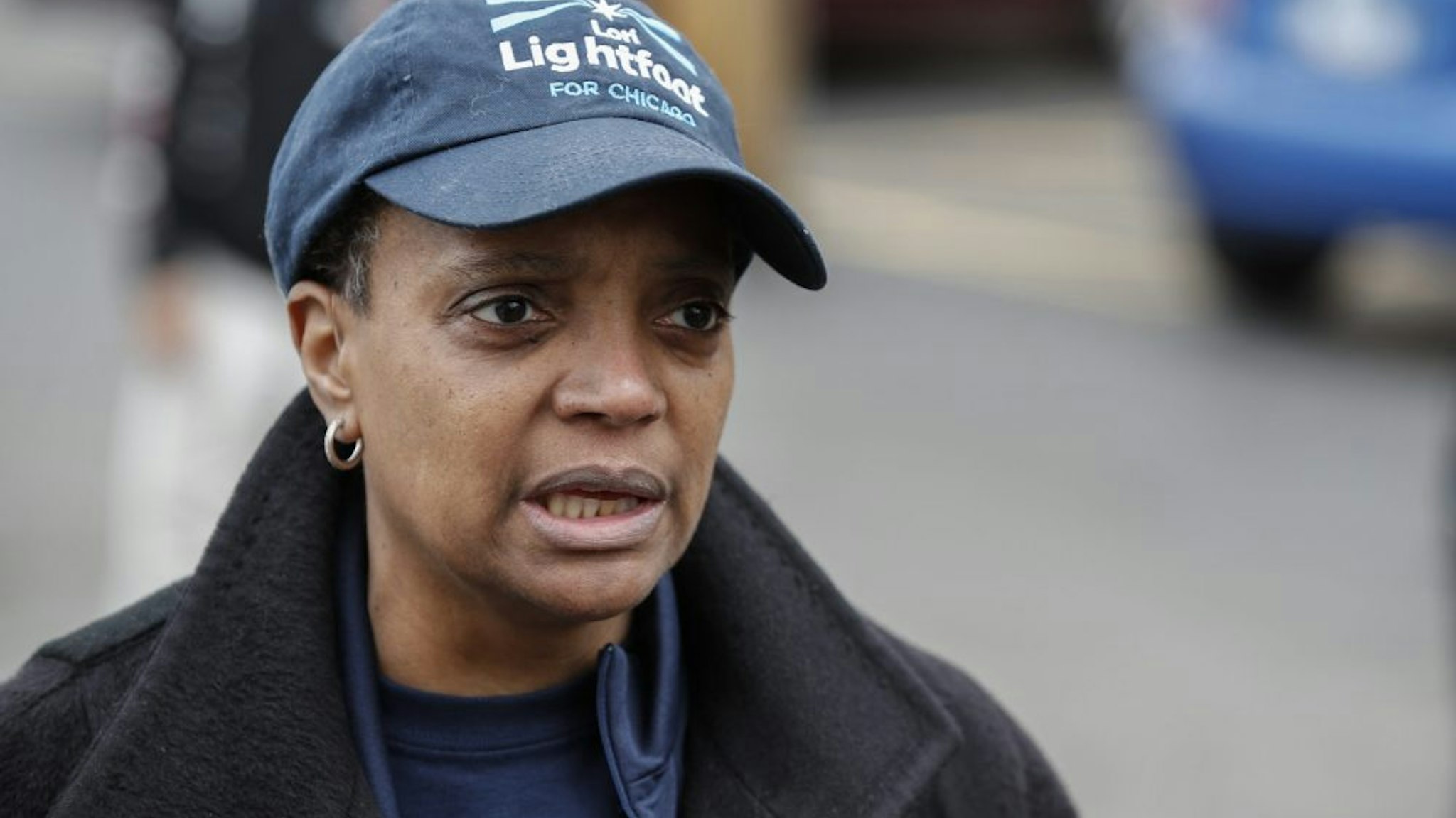 Chicago mayoral candidate Lori Lightfoot speaks to the press outside of the polling place at the Saint Richard Catholic Church in Chicago, Illinois on April 2, 2019. - Chicago residents went to the polls in a runoff election Tuesday to elect the US city's first black female mayor in a historic vote centered on issues of economic equality, race and gun violence. Lightfoot and Toni Preckwinkle, both African-American women, are competing for the top elected post in the city. (Photo by Kamil Krzaczynski / AFP) (Photo by KAMIL KRZACZYNSKI/AFP via Getty Images)